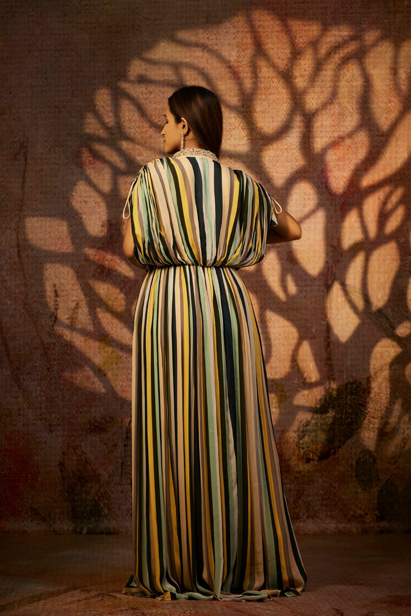 Yellow Stripe Printed Italian Silk Gown
