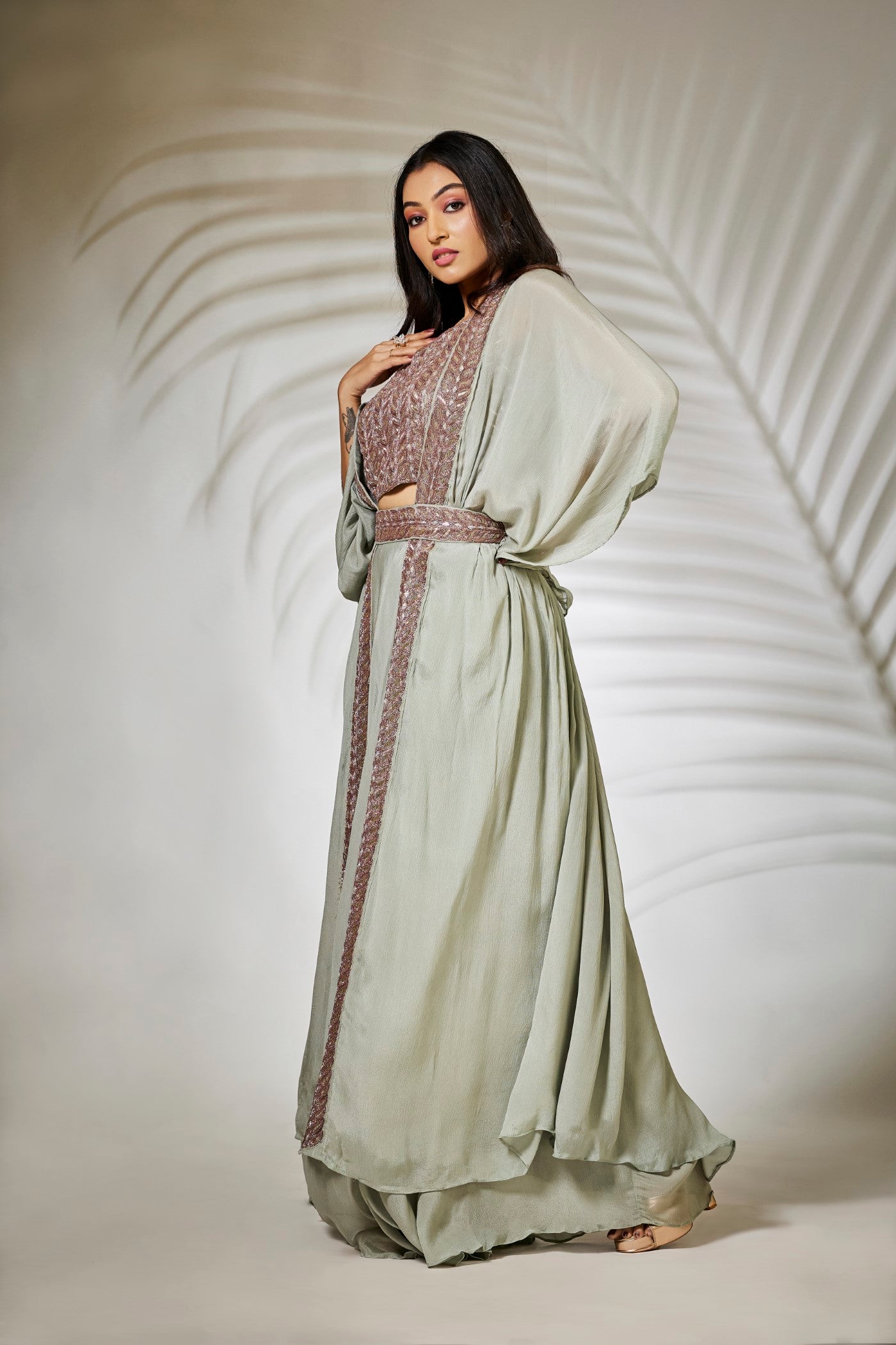 Pastel Green Pure Chinnon Silk Plazzo Set with Cape