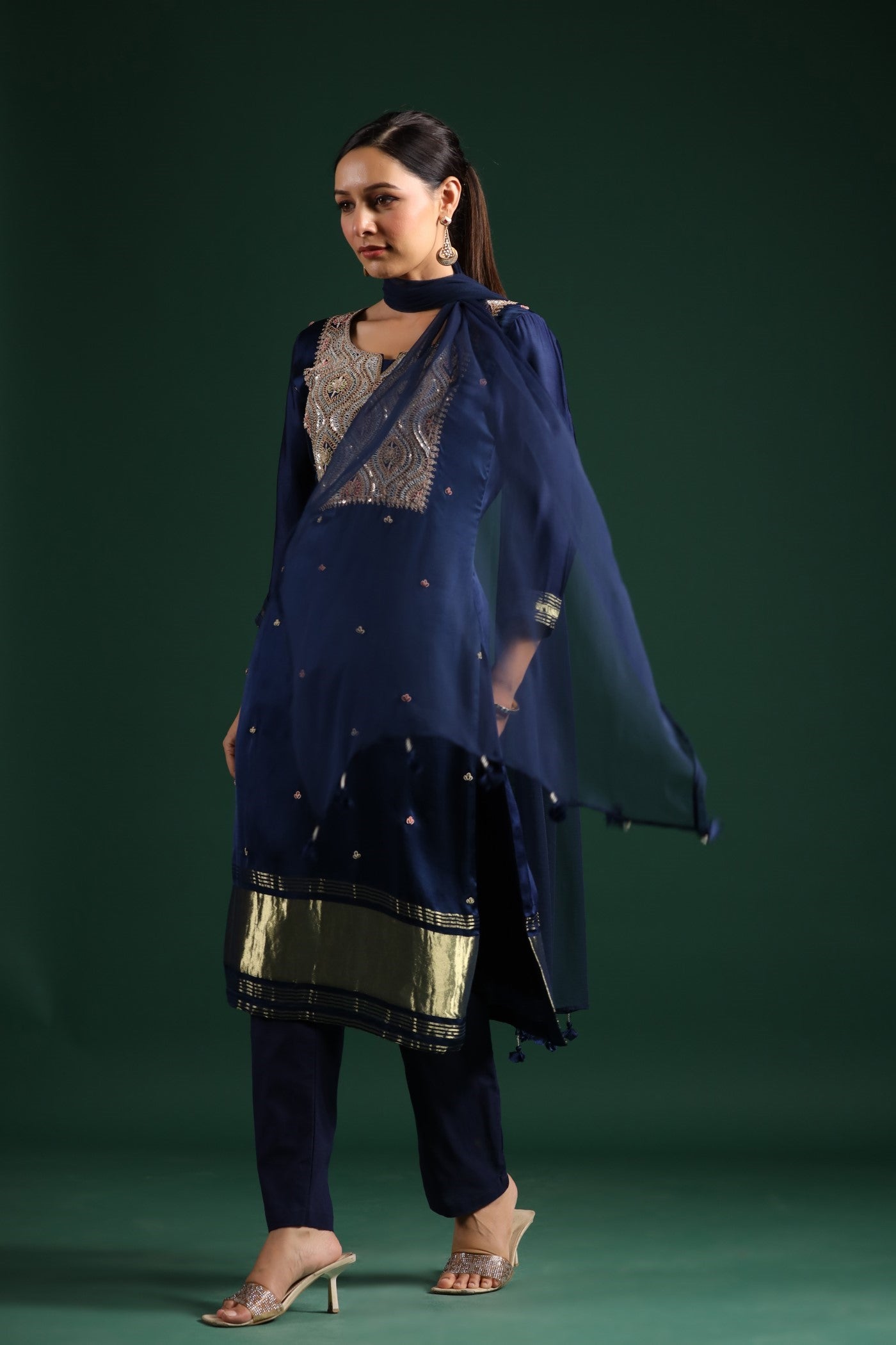 Deep Blue Zari Embroidered Gajji Silk Kurta Set