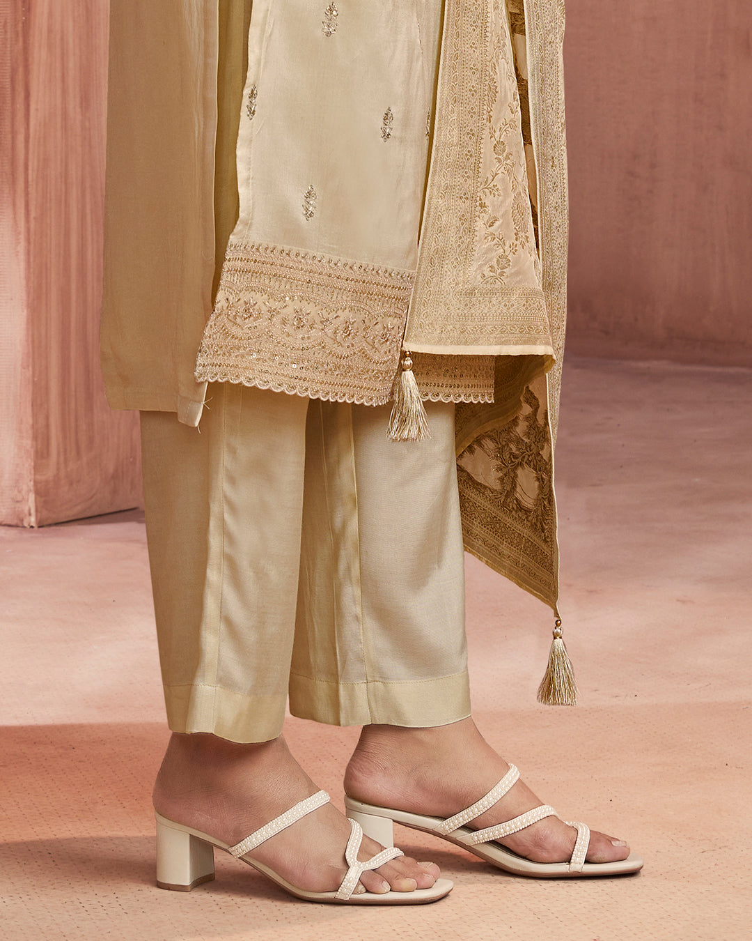 Champagne Allure Embellished Dola Silk Pant Set