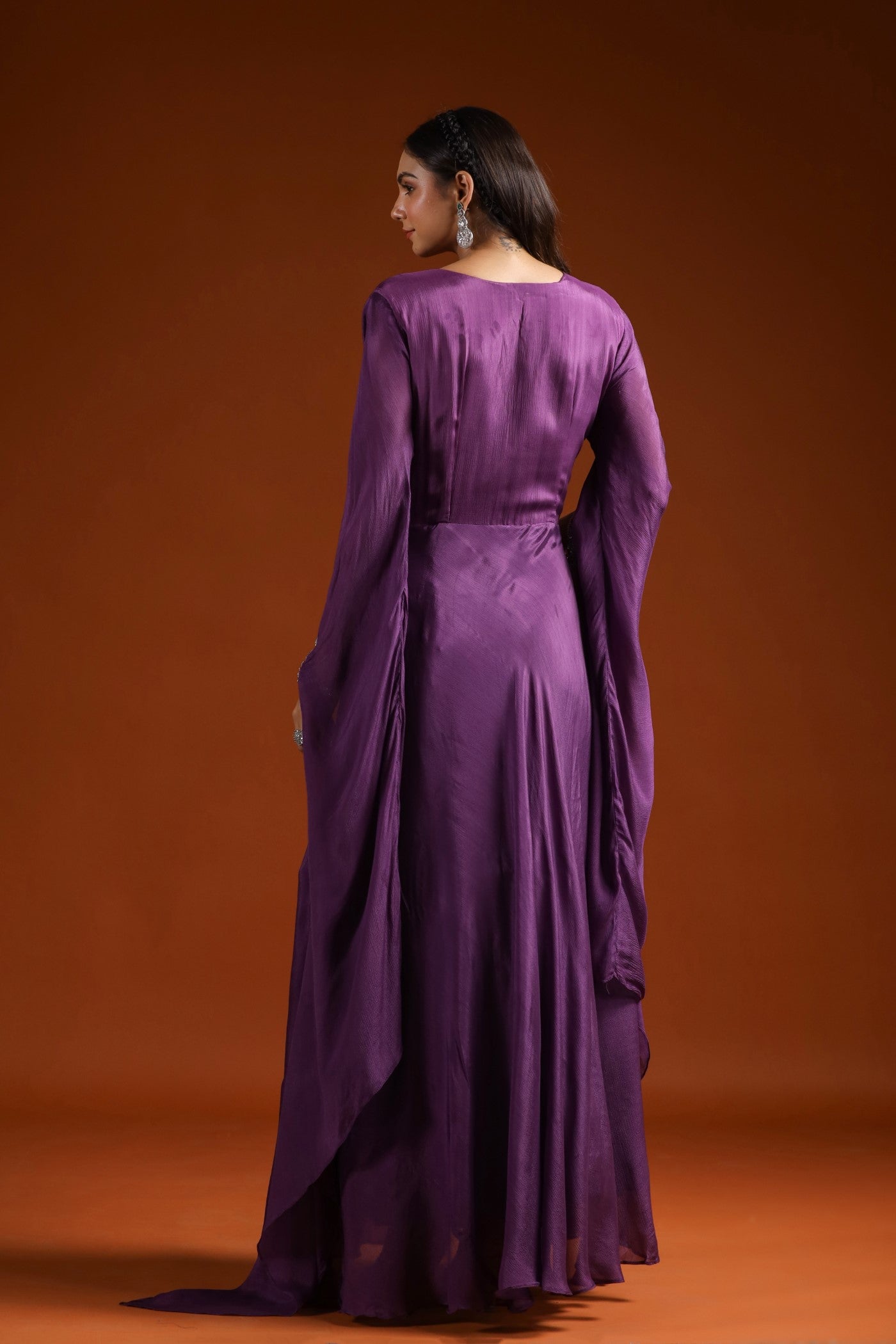 Purple Floral Embellished Chinon Silk Gown