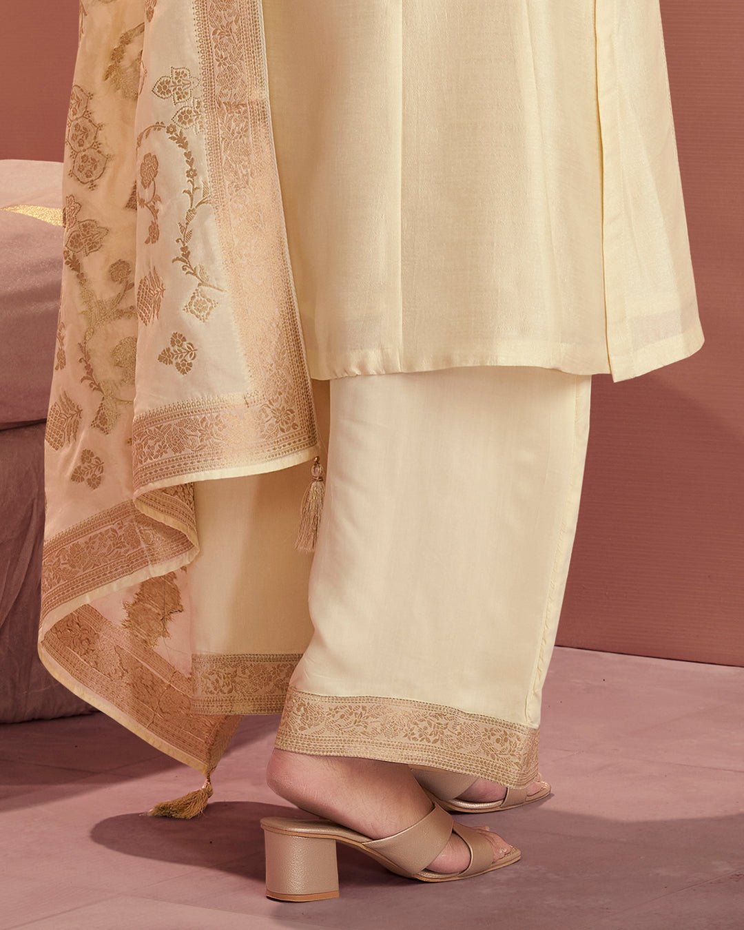 Champagne Royale Embellished Vichitra Silk Pant Set