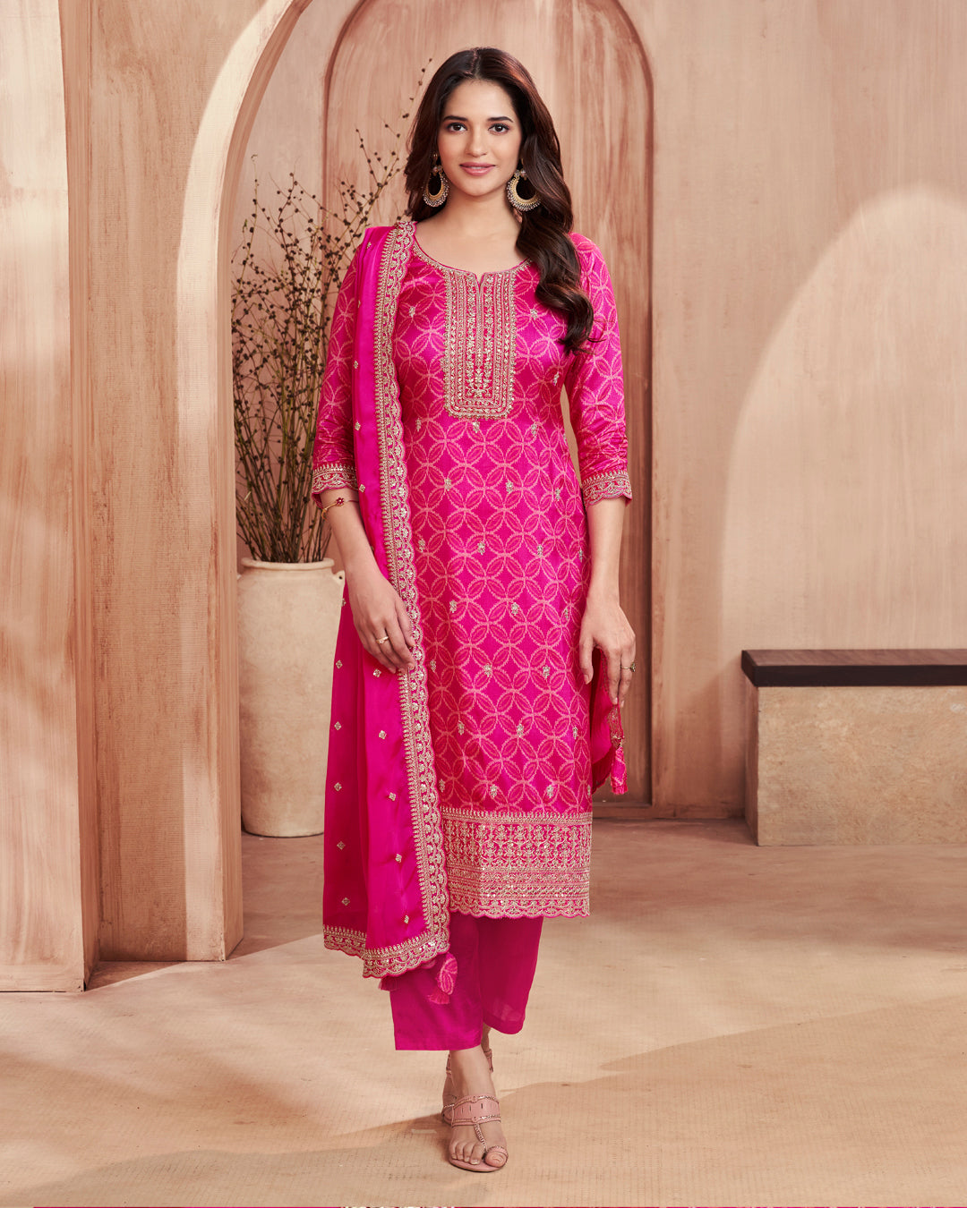 Fuchsia Regal Embellished Dola Silk Pant Set