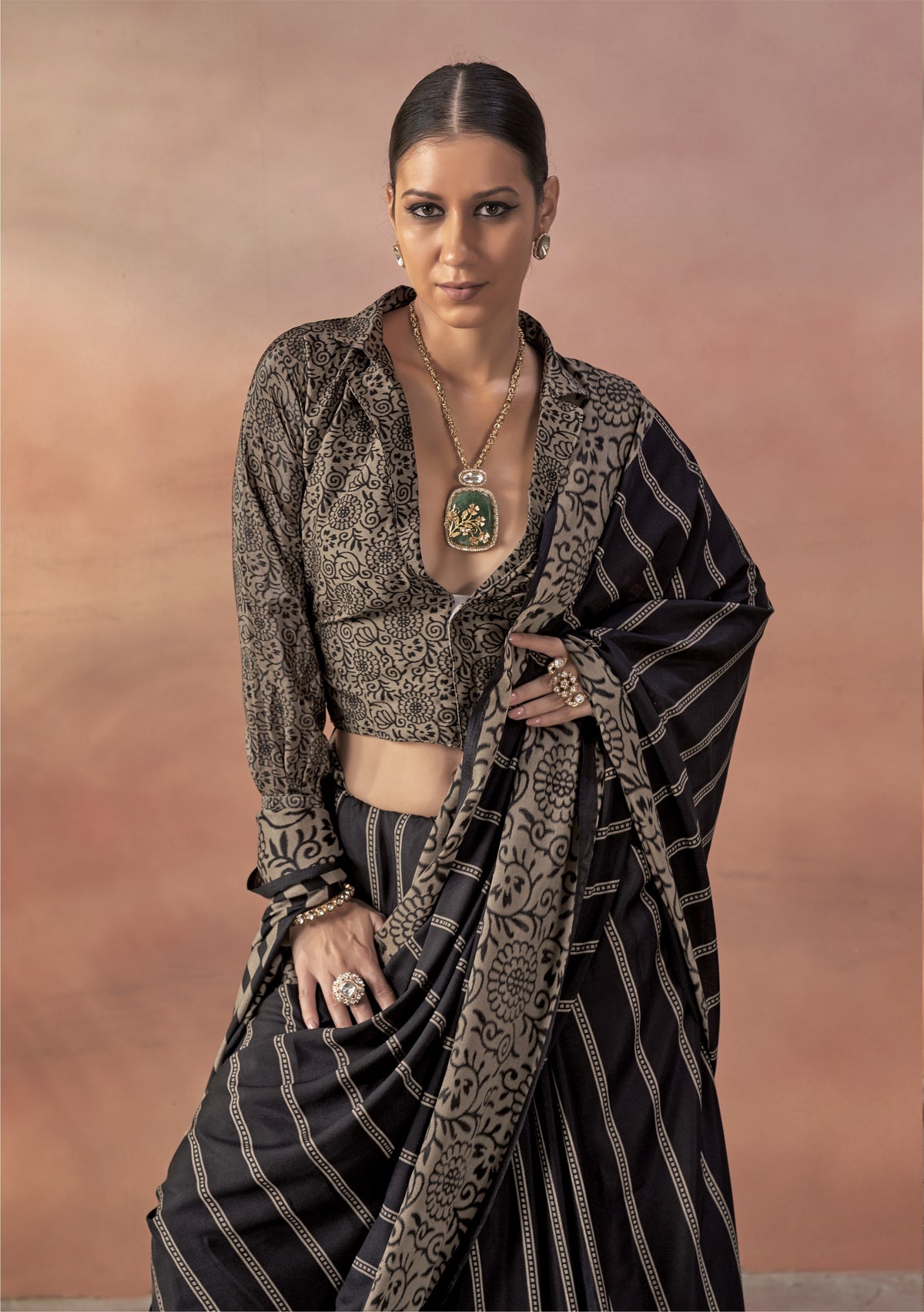 Charcoal Black Printed Crepe Silk Saree