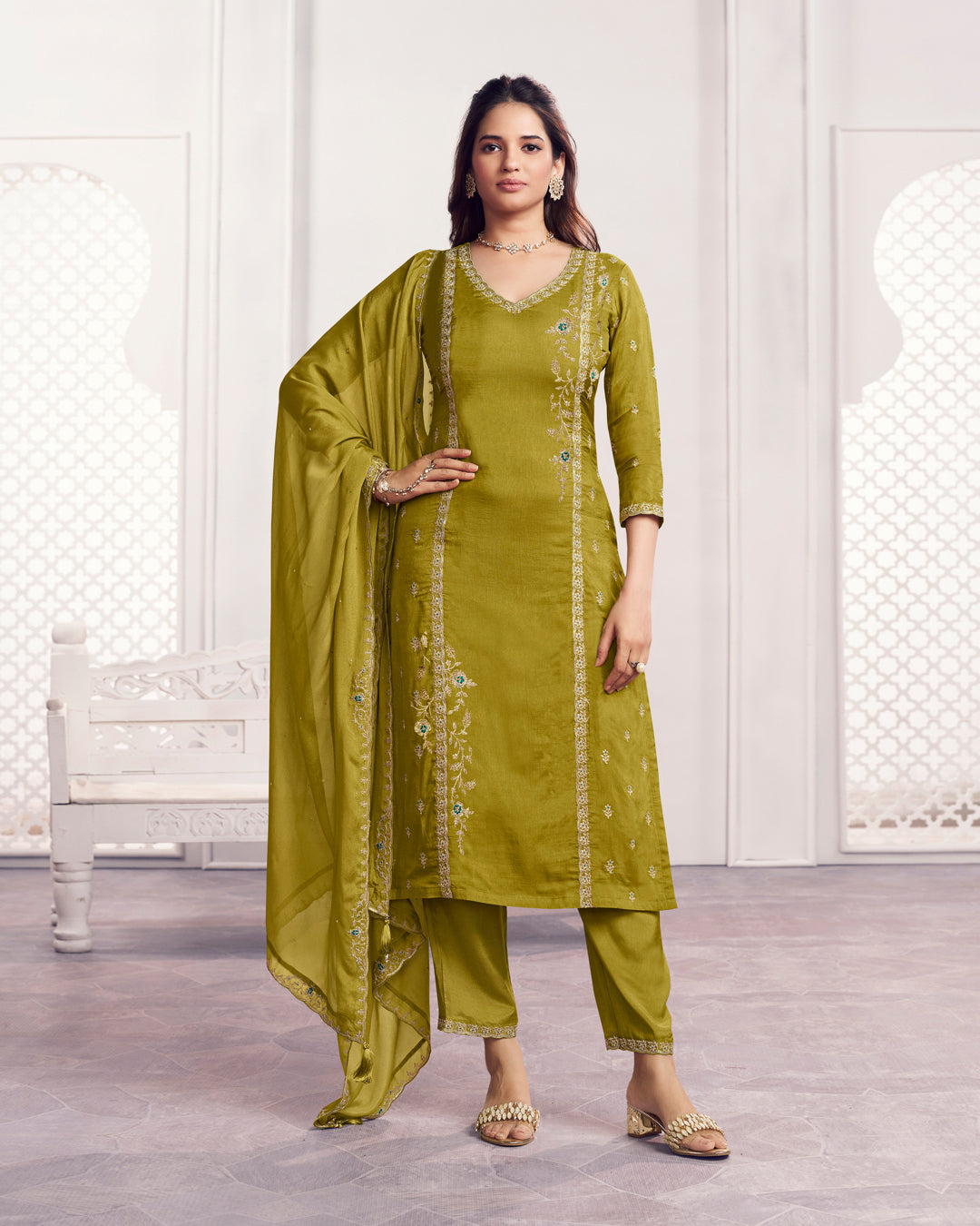 Sage Charm Embellished Dola Silk Pant Set