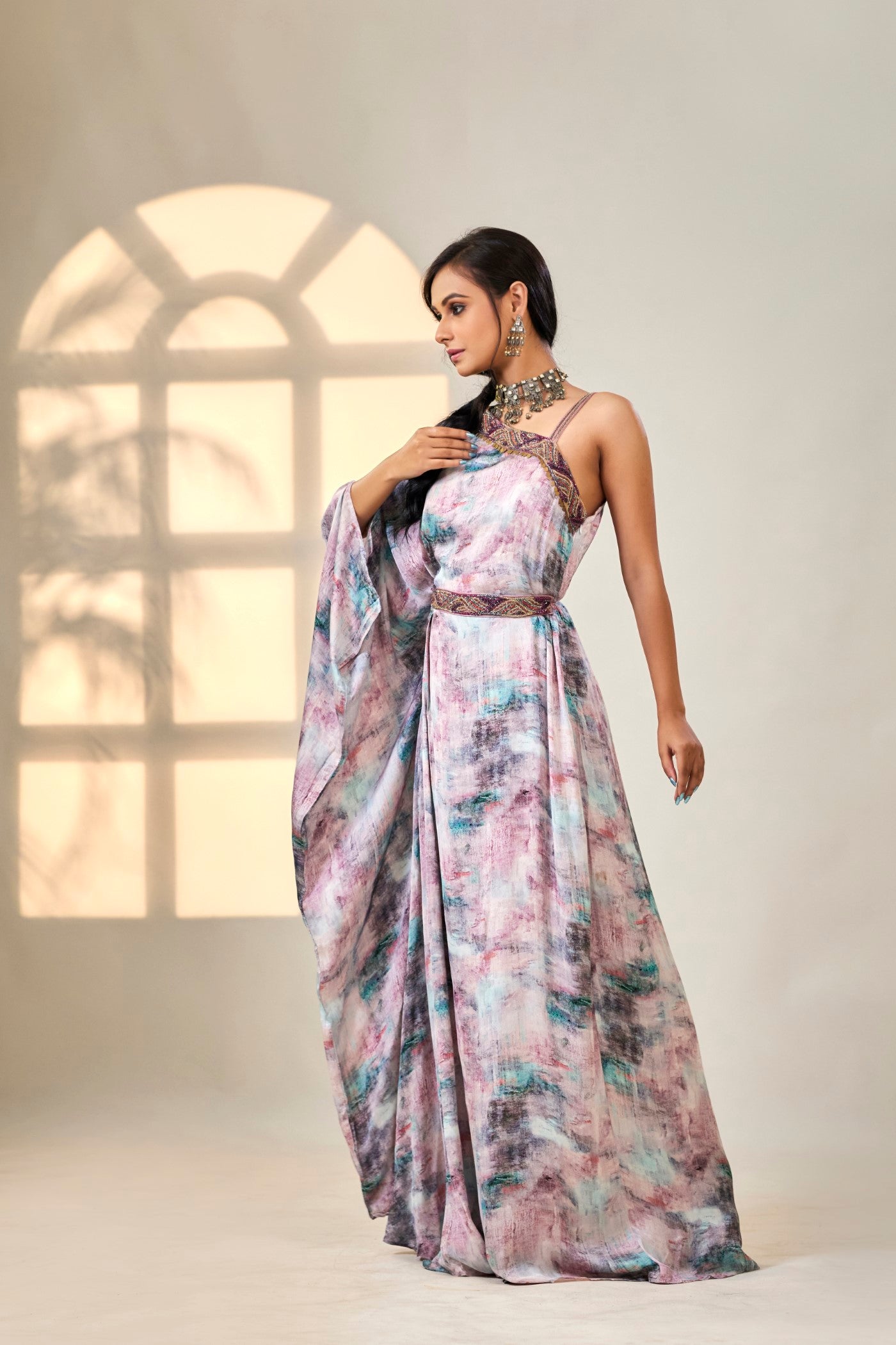 Purple Digital Printed Italian Silk Gown