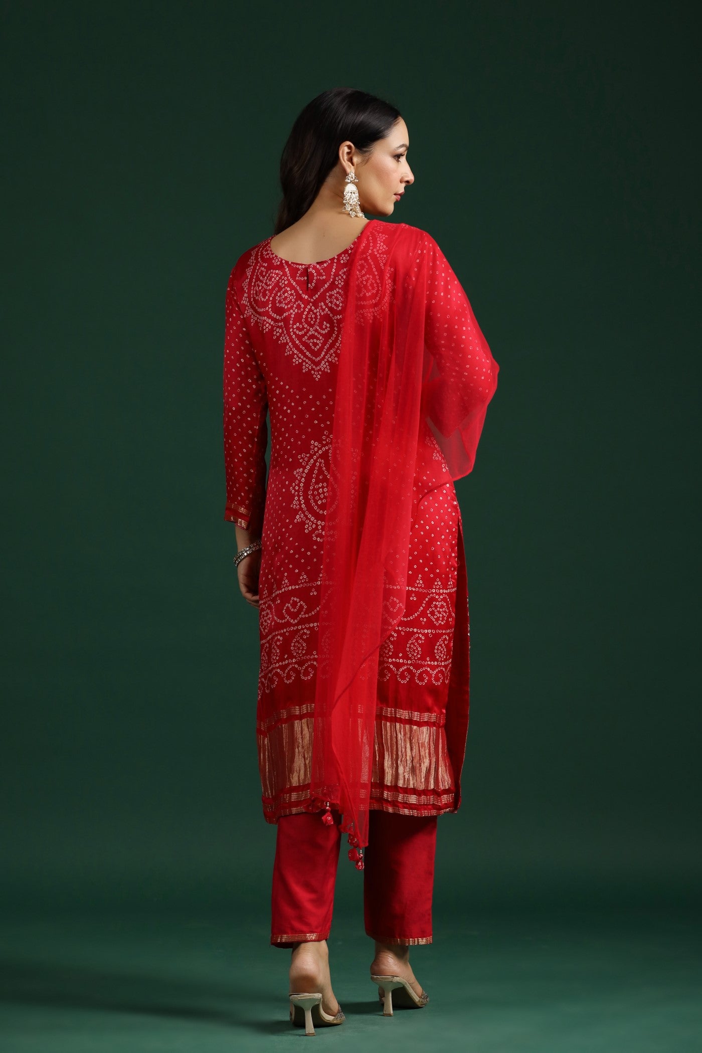 Red Bandhej Gajji Silk Kurta Set