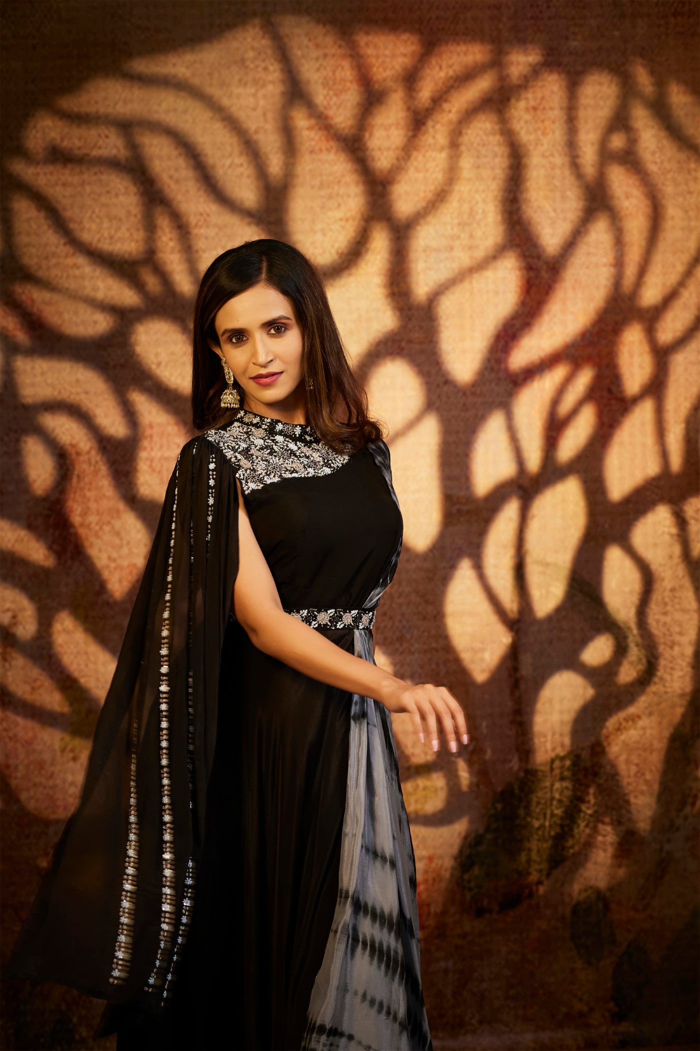 Black Hand Embroidered Crystal Georgette Flared Gown
