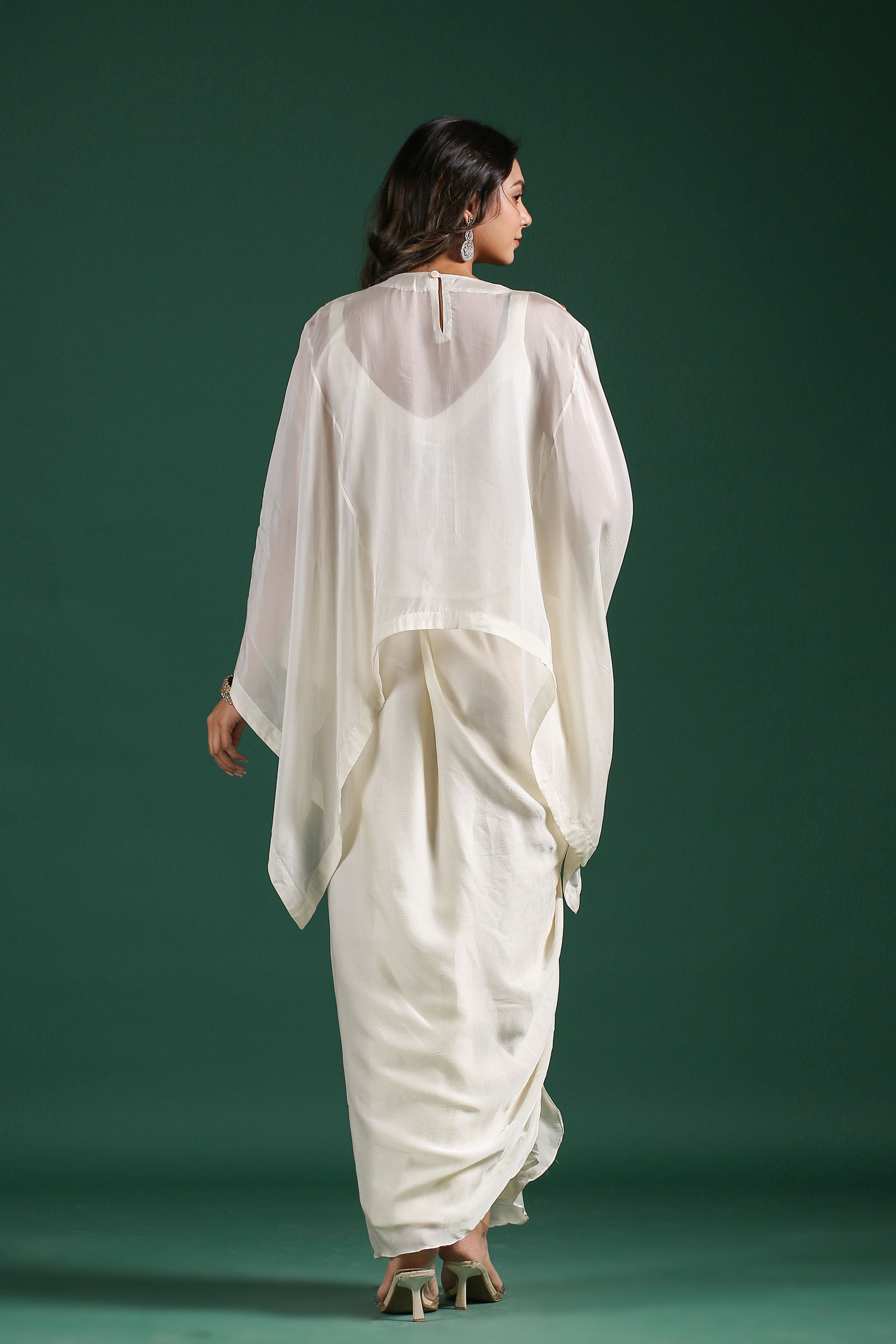 Ivory Embroidered Organza Silk Draped Skirt Set