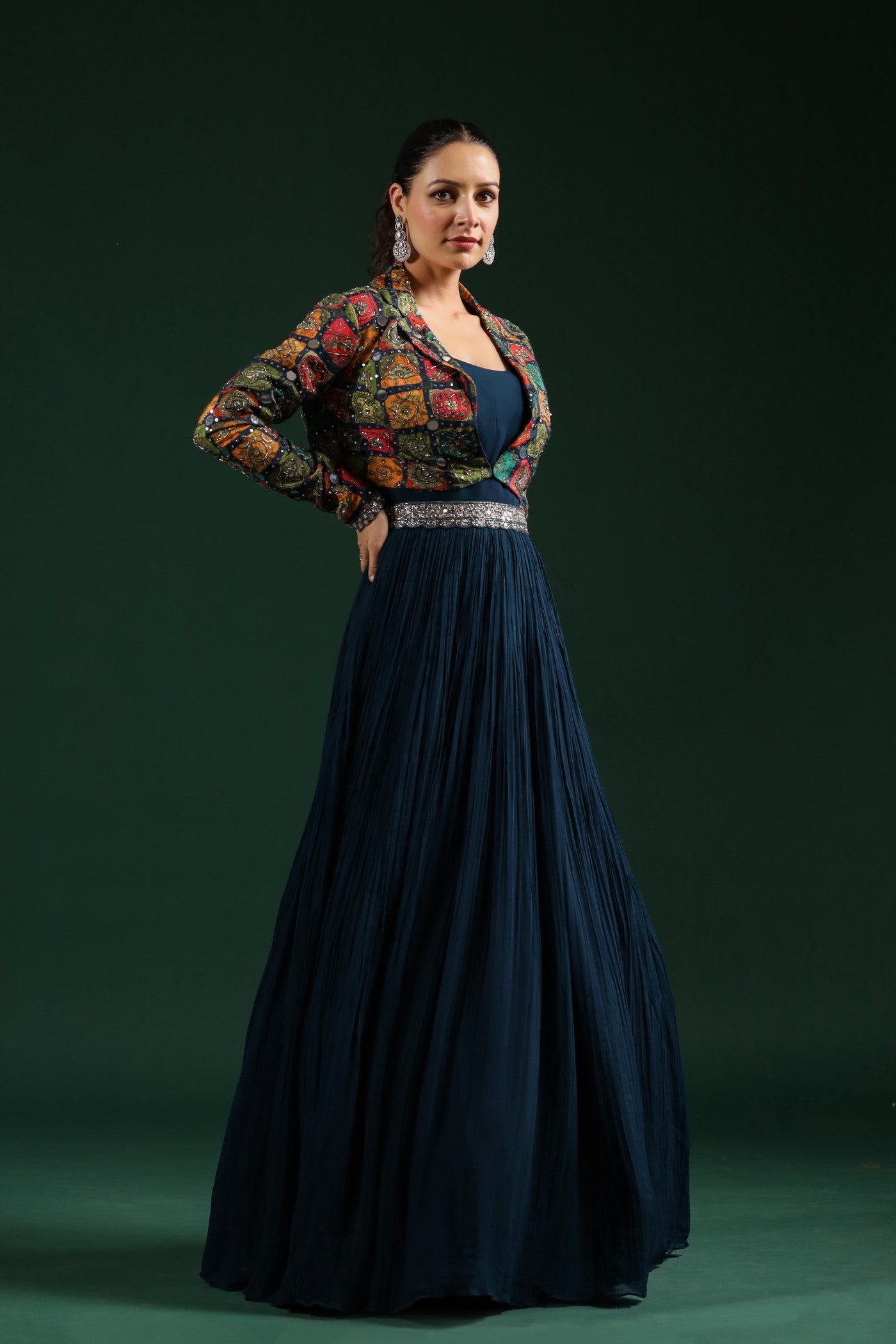 Dark Blue Embellished Gown With Cape