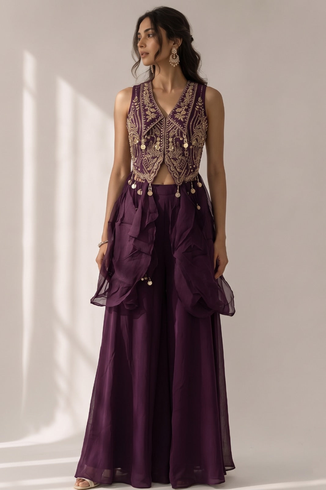 Antique Wine Embellished Organza Silk Palazzo Set