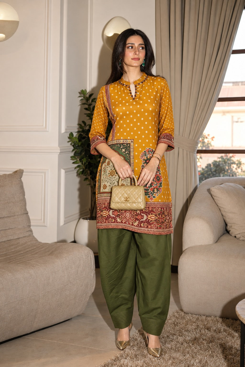 Marigold Printed Crepe Silk Farshi Salwar Set