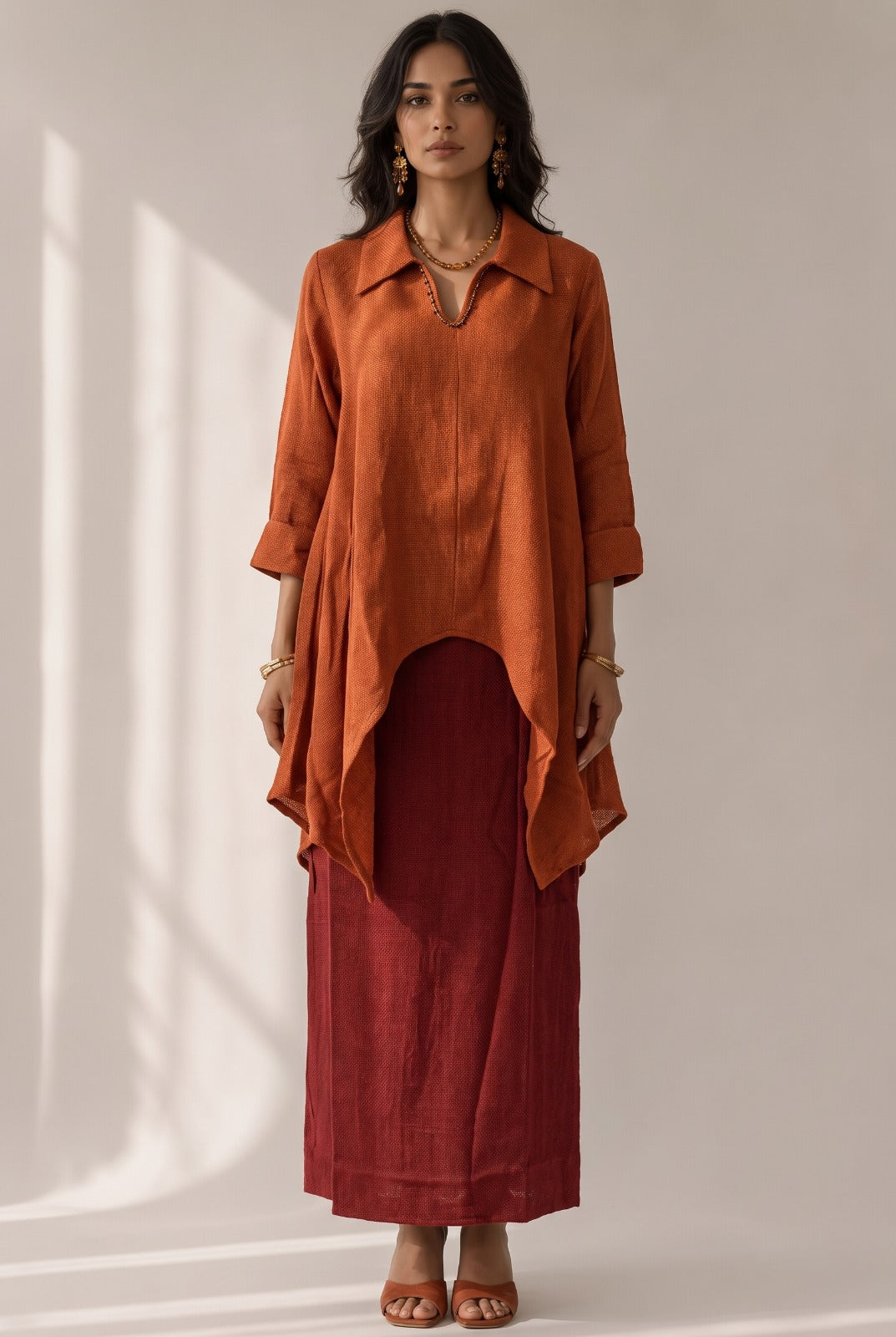 Terracota Rust Woven Cotton Tweed Skirt Set