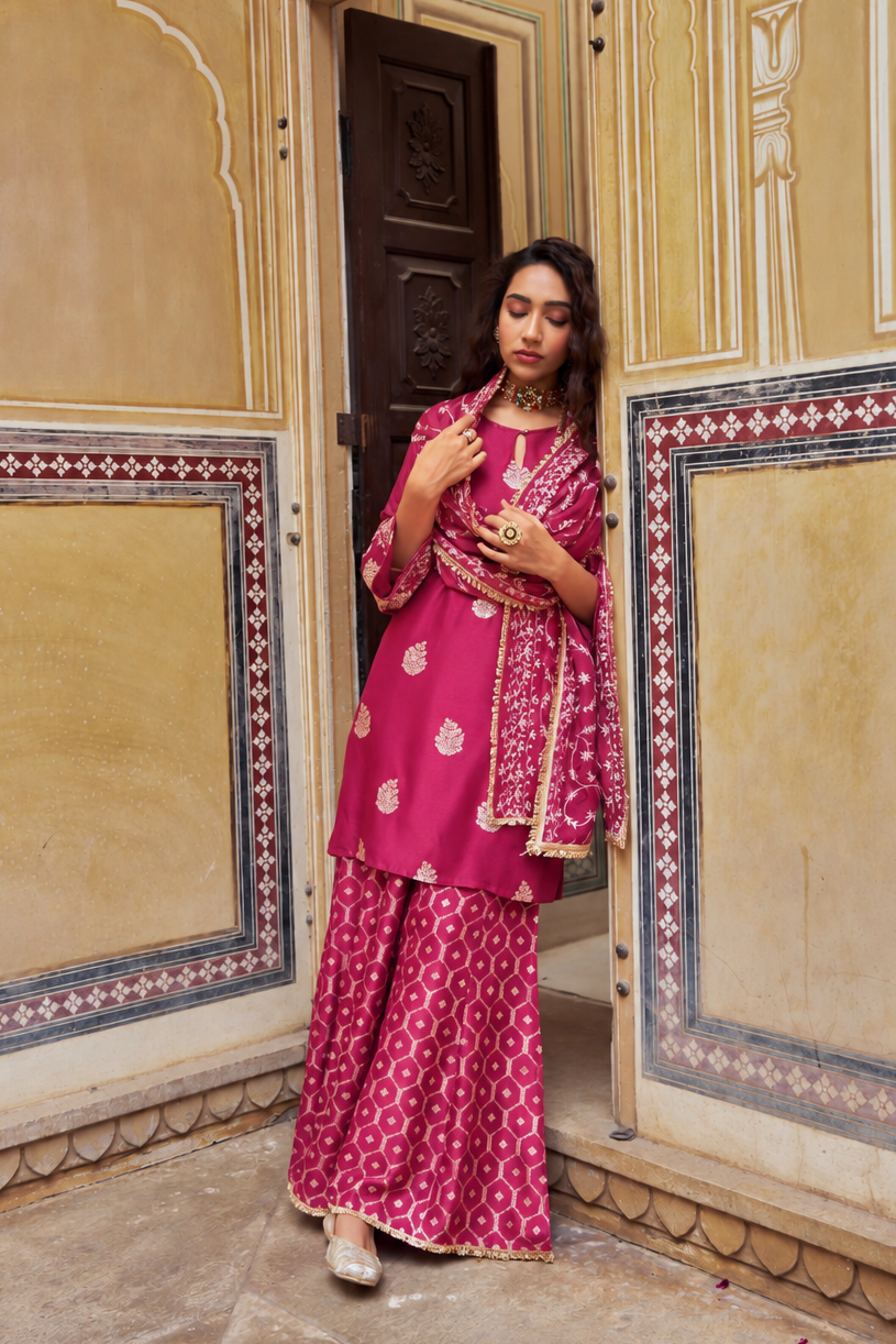 Magenta Pink Woven Banarsi Silk Sharara Set