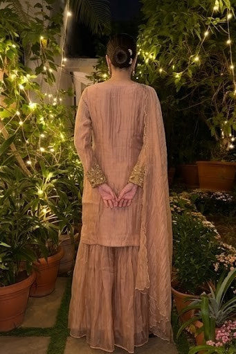 Dusty Rose Embellished Shimmer Tissue Silk Sharara Set
