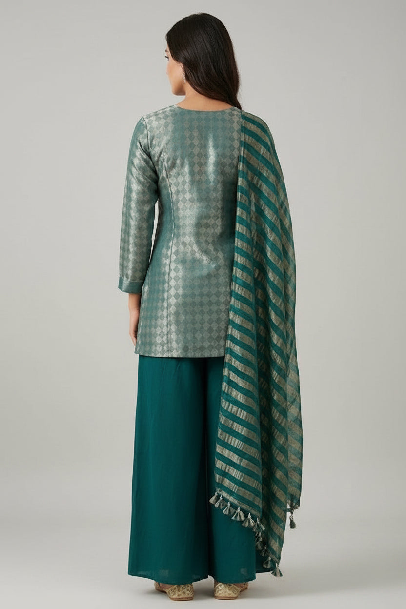 Green Ivy Embellished Shimmer Organza Silk Palazzo Set