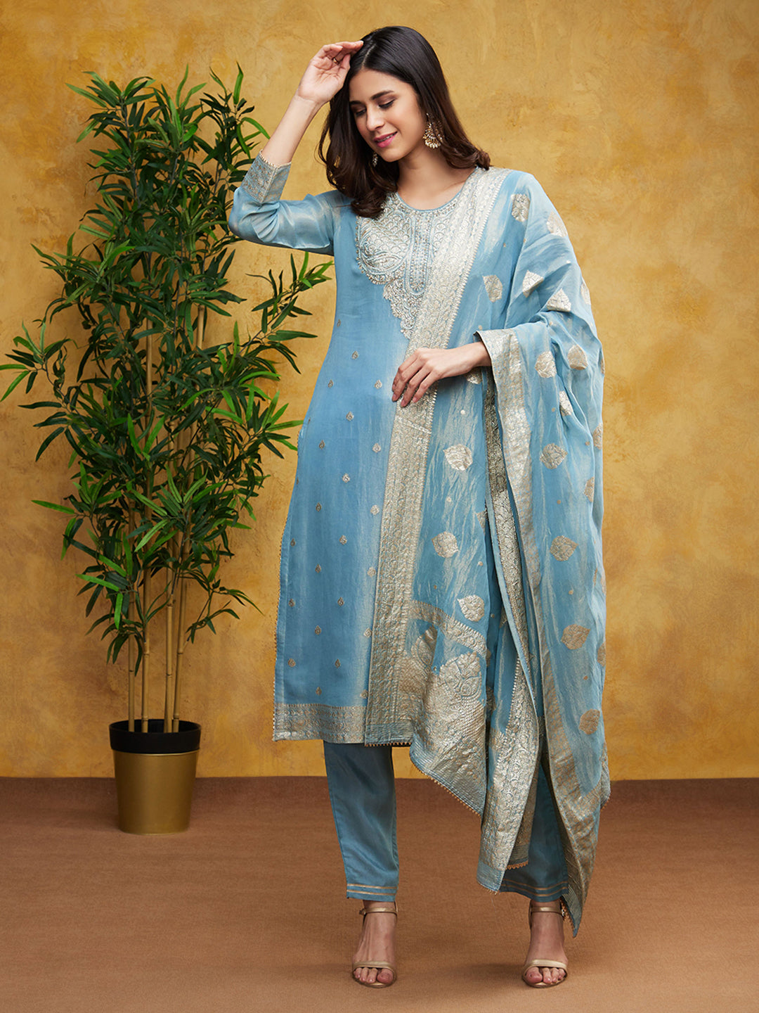 Light Blue Embellished Chanderi Silk Pants Set