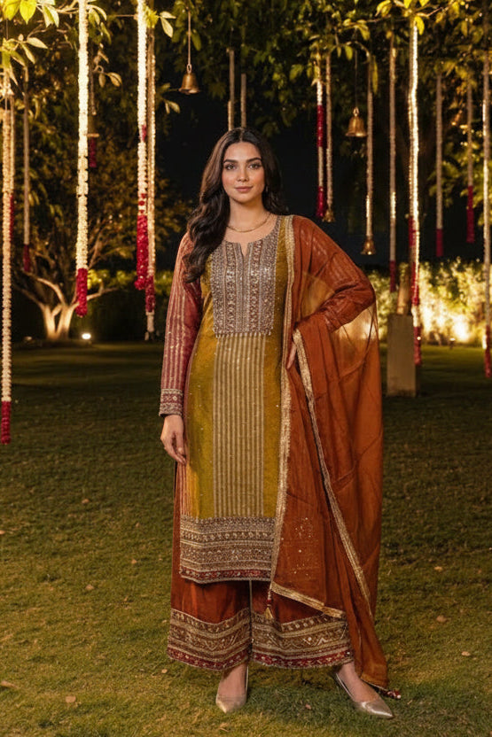 Multicolor Embellished Shimmer Tissue Silk Pant Set
