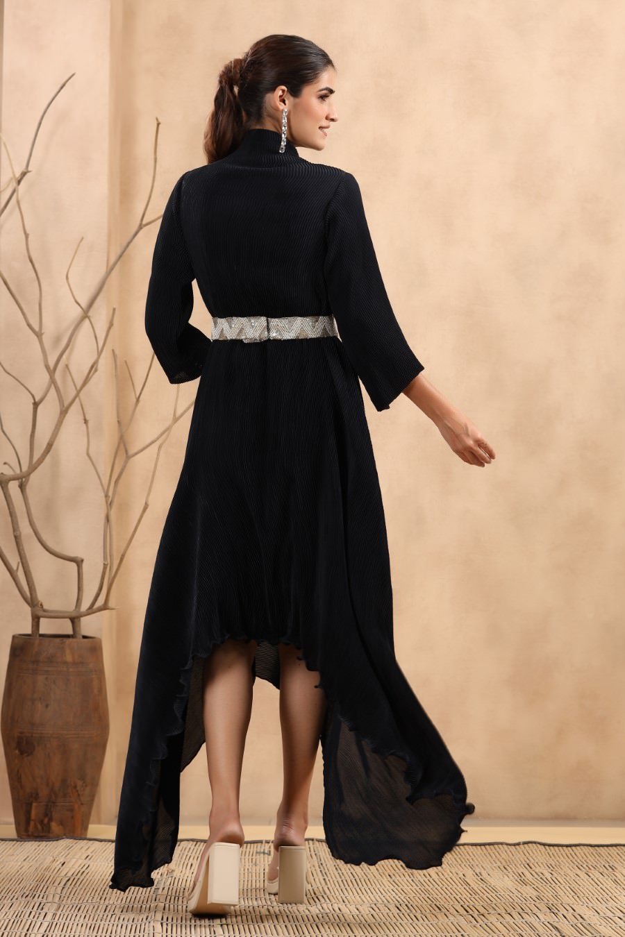 Deep Blue Pleated Asymmetrical Dress