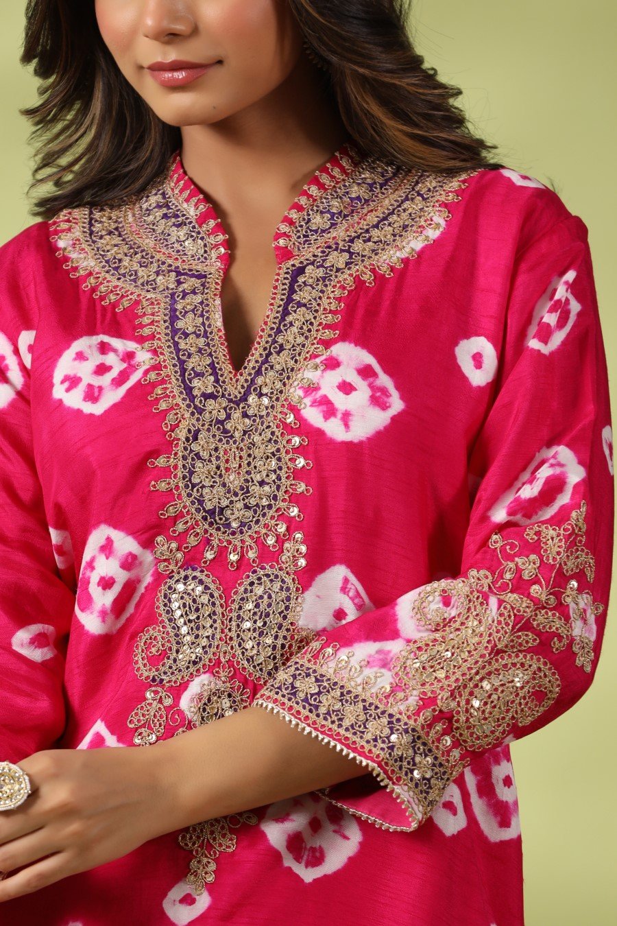 Pink Bandhej & Zari Embroidered Kurta with Palazzo