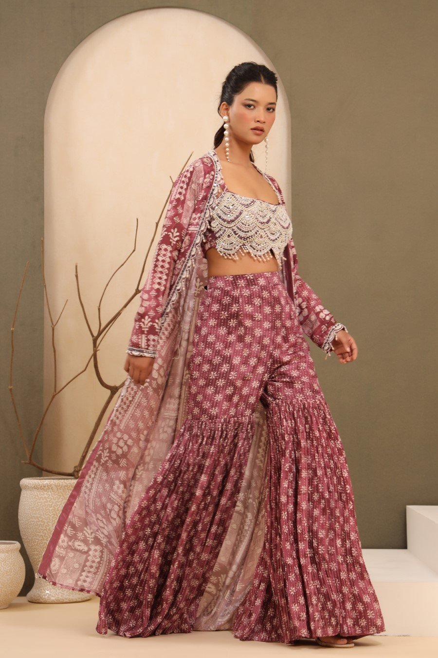 Mulberry Pink Embellished Sharara with Cape