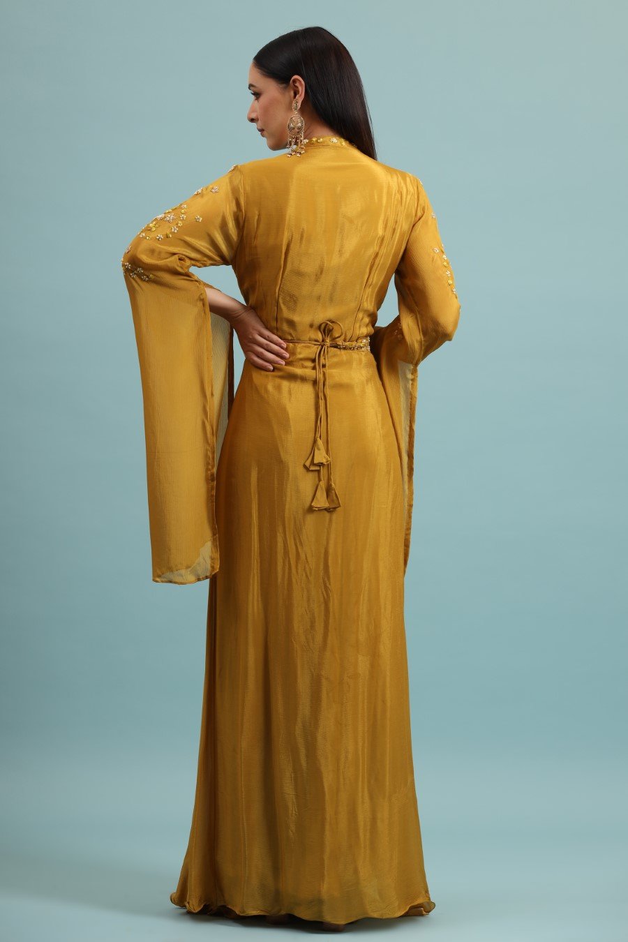 Mustard Embellished Chinon Silk Gown