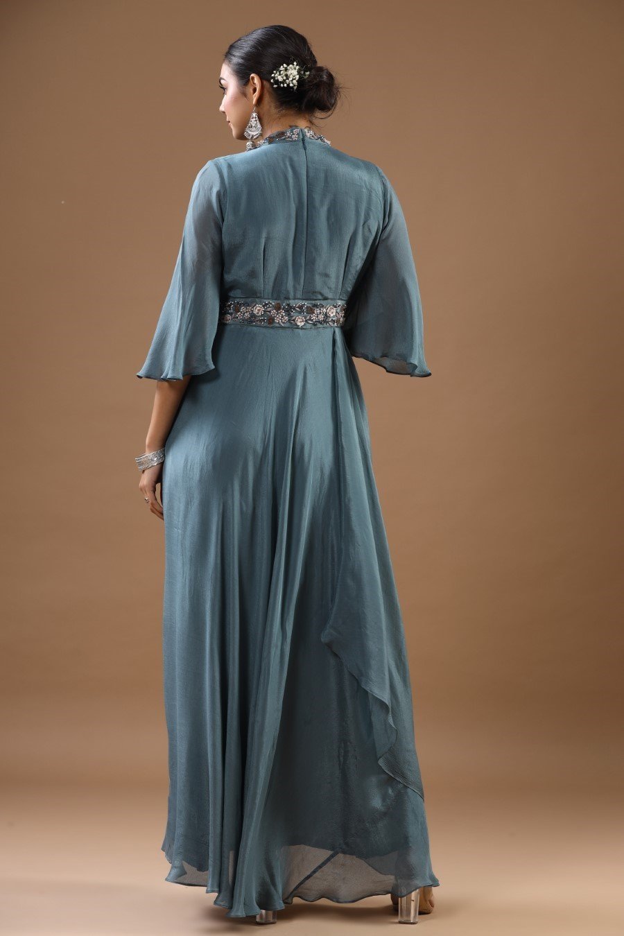 Steel Blue German Silk Embellished Gown