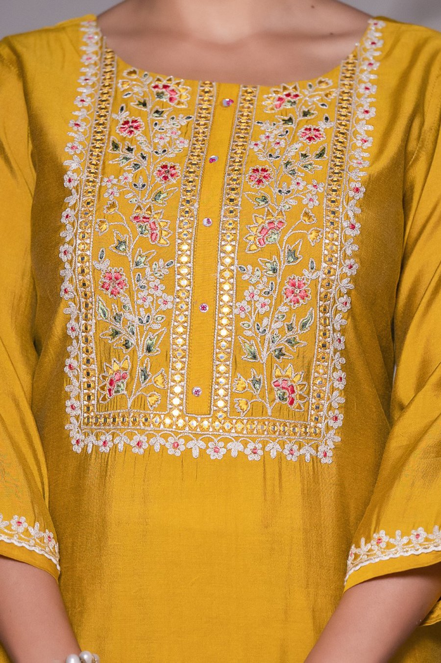 Mustard Floral Embroidered Kalamkari Kurta Set