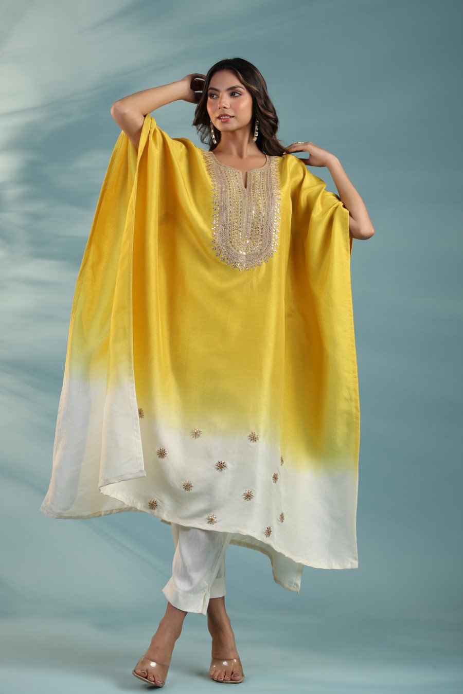 Yellow Ombre Embroidered Kaftan With Pants