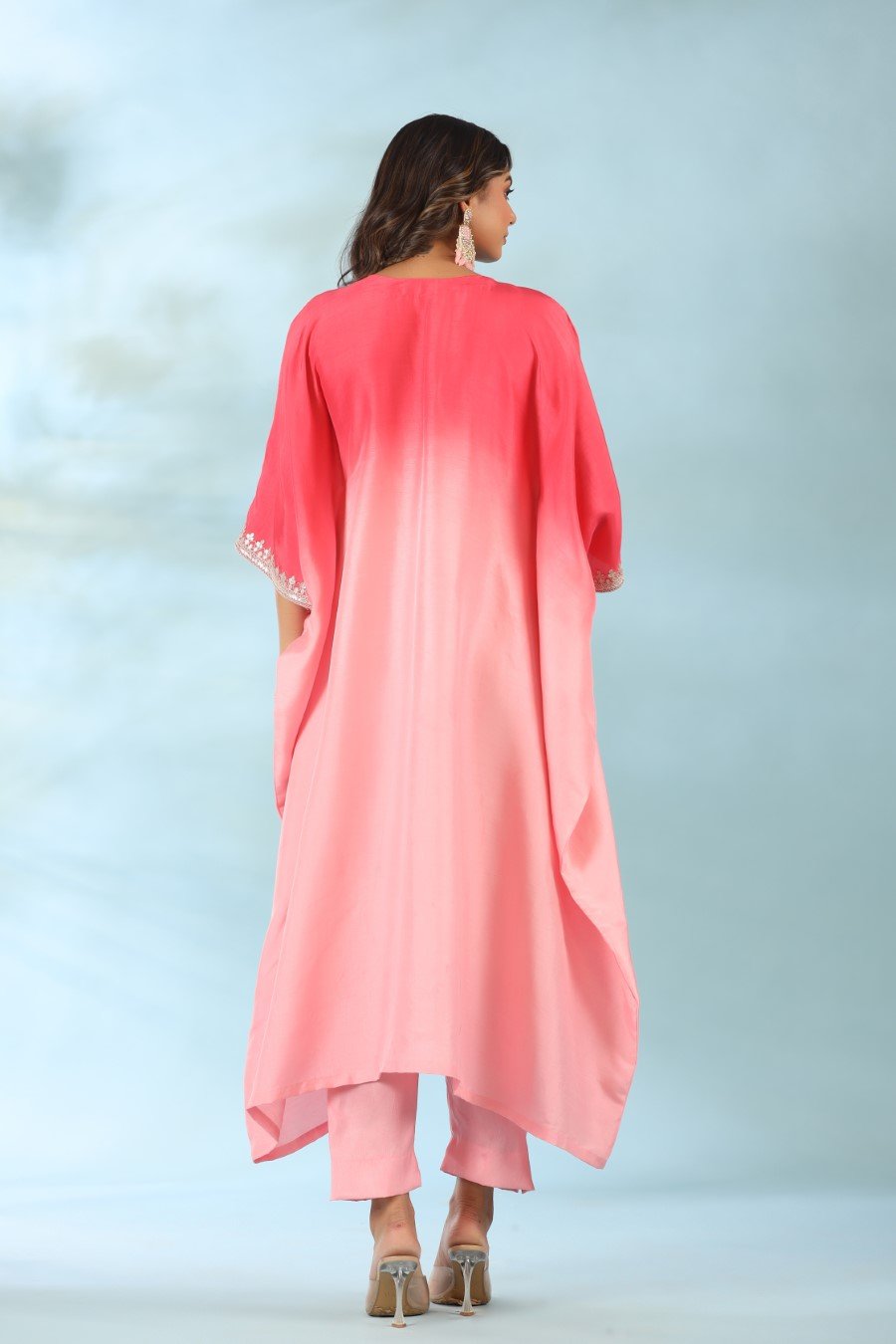 Pink Ombre Embroidered Kaftan With Pants