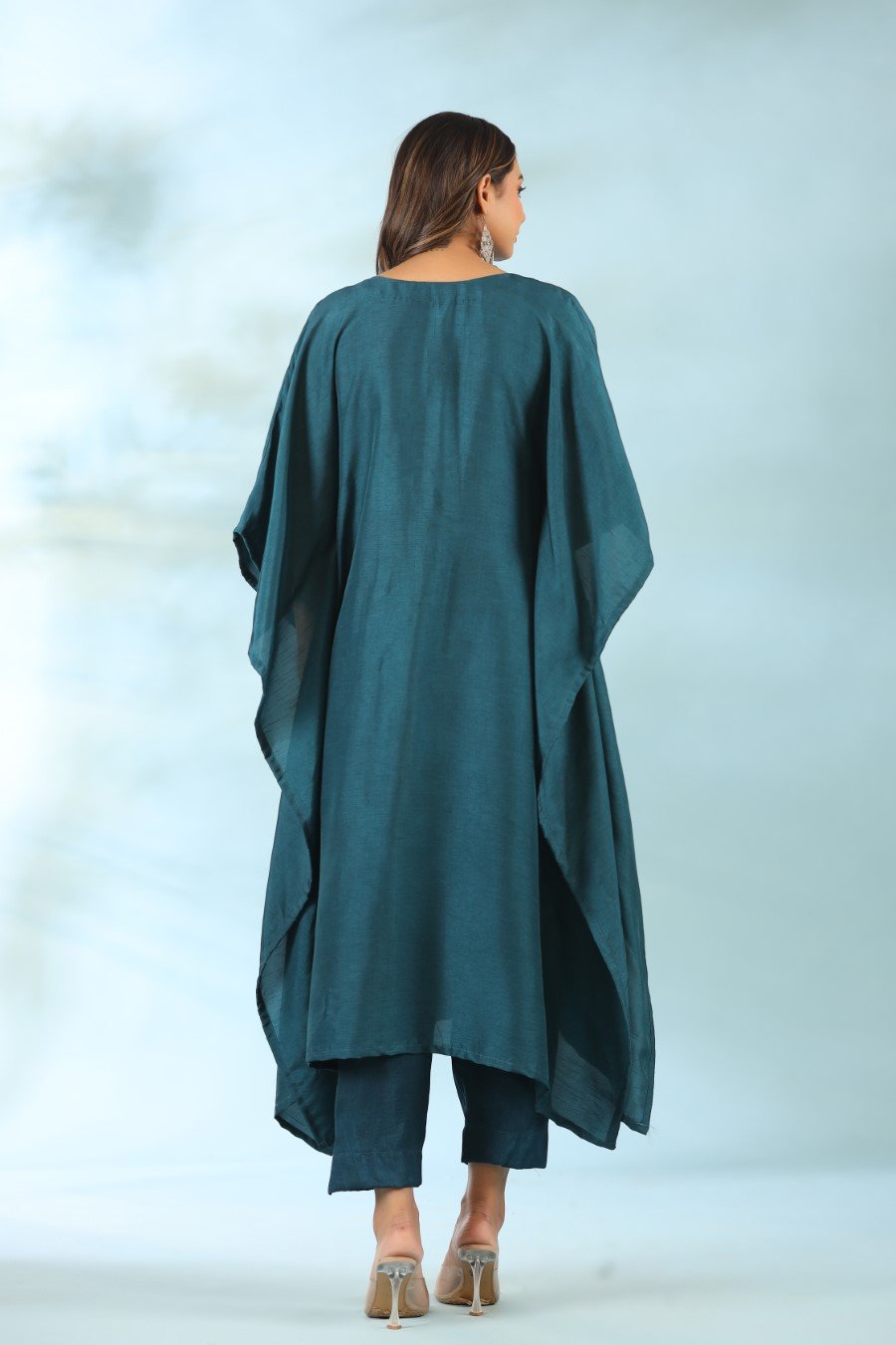 Teal Blue Embroidered Kaftan With Pants