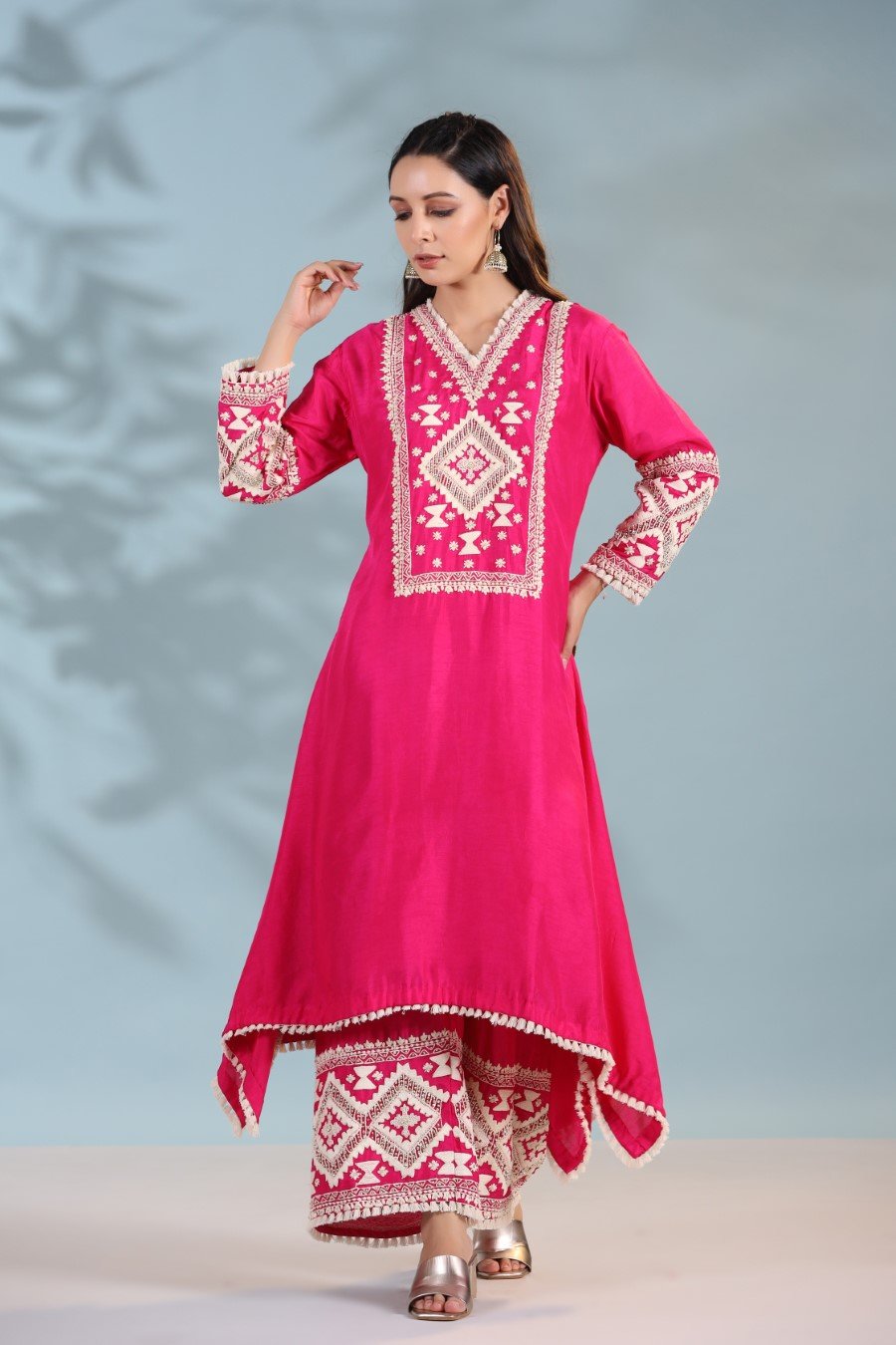 Hot Pink Kashmiri Embroidered Kurta with Palazzo