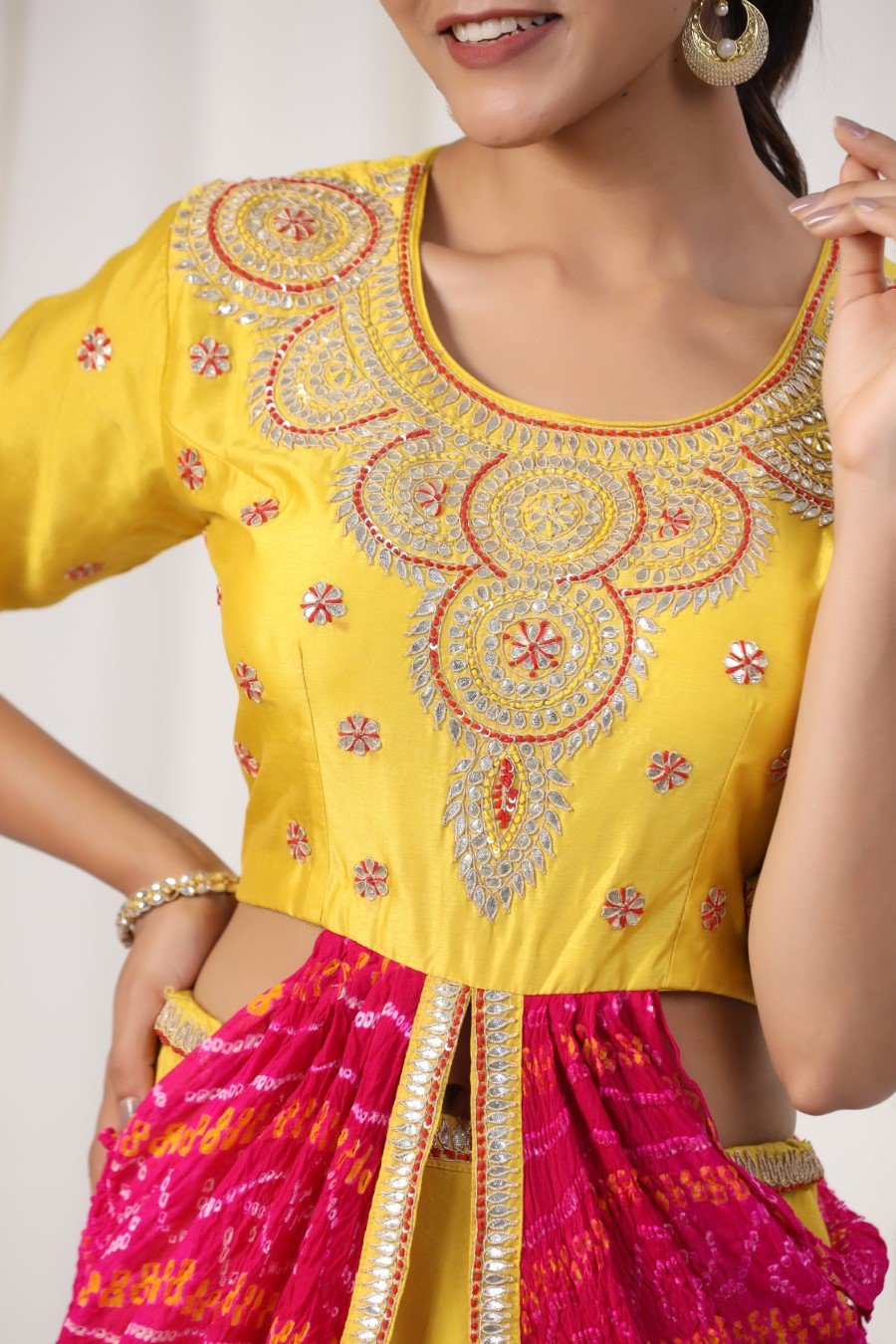 Yellow Lotus Silk Embroidered Ethnic Draped Skirt Top
