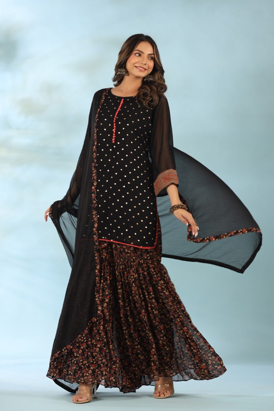 Black Embellished Kurta with Floral Sharara Set