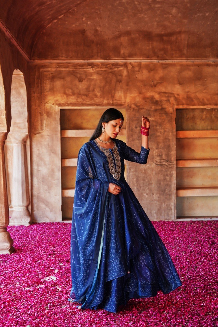 Royal Blue Bandhani Embellished Anarkali Set with Dupatta