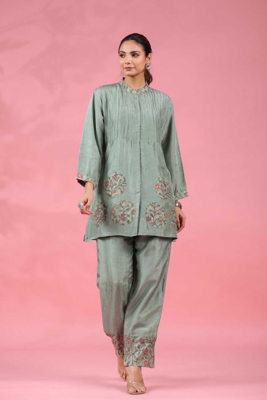 Sage Green Tussar Silk Kantha Embroidered Co-ord Set