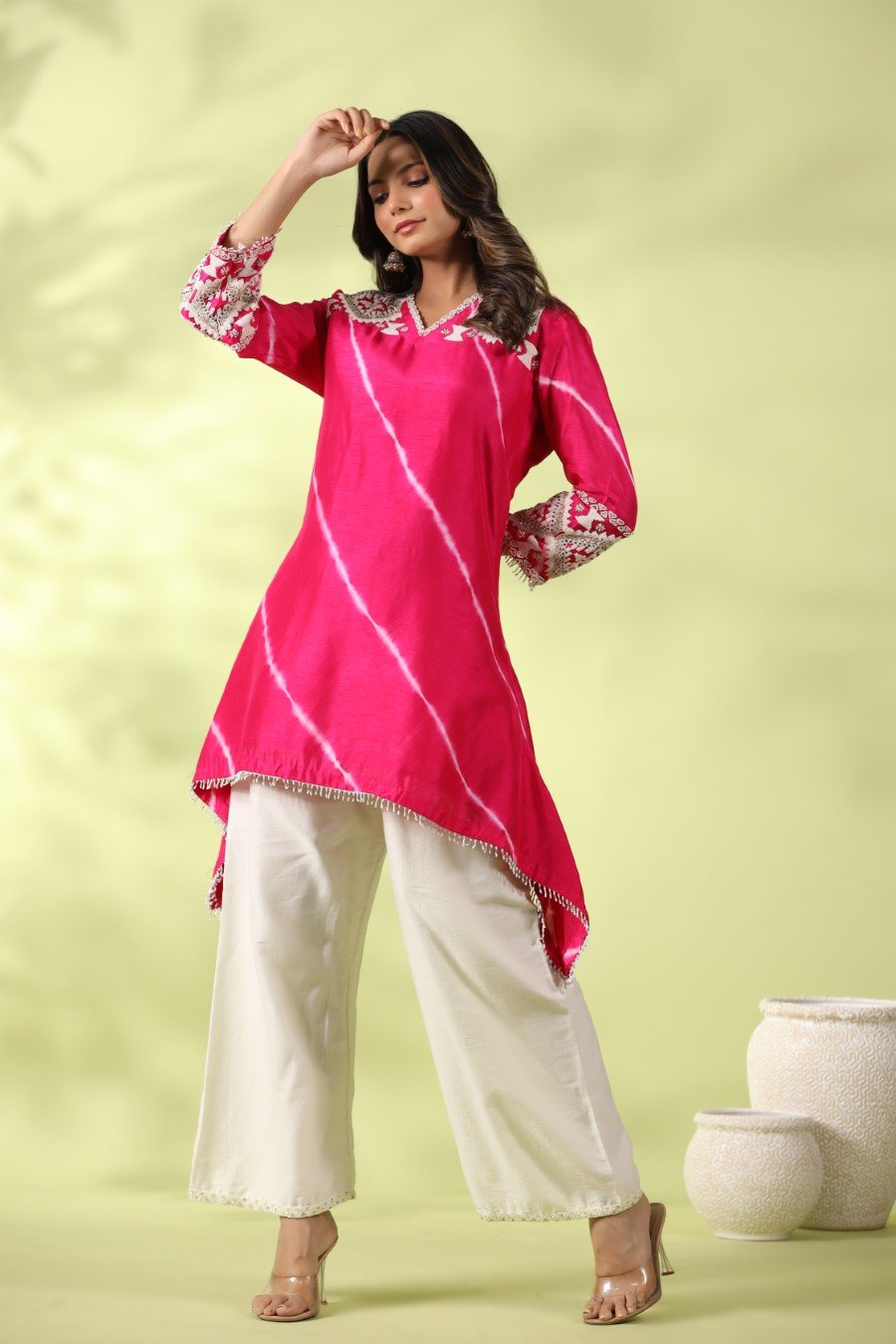 Pink Tie dyed Embroidered Asymmetrical Kurta with Palazzo