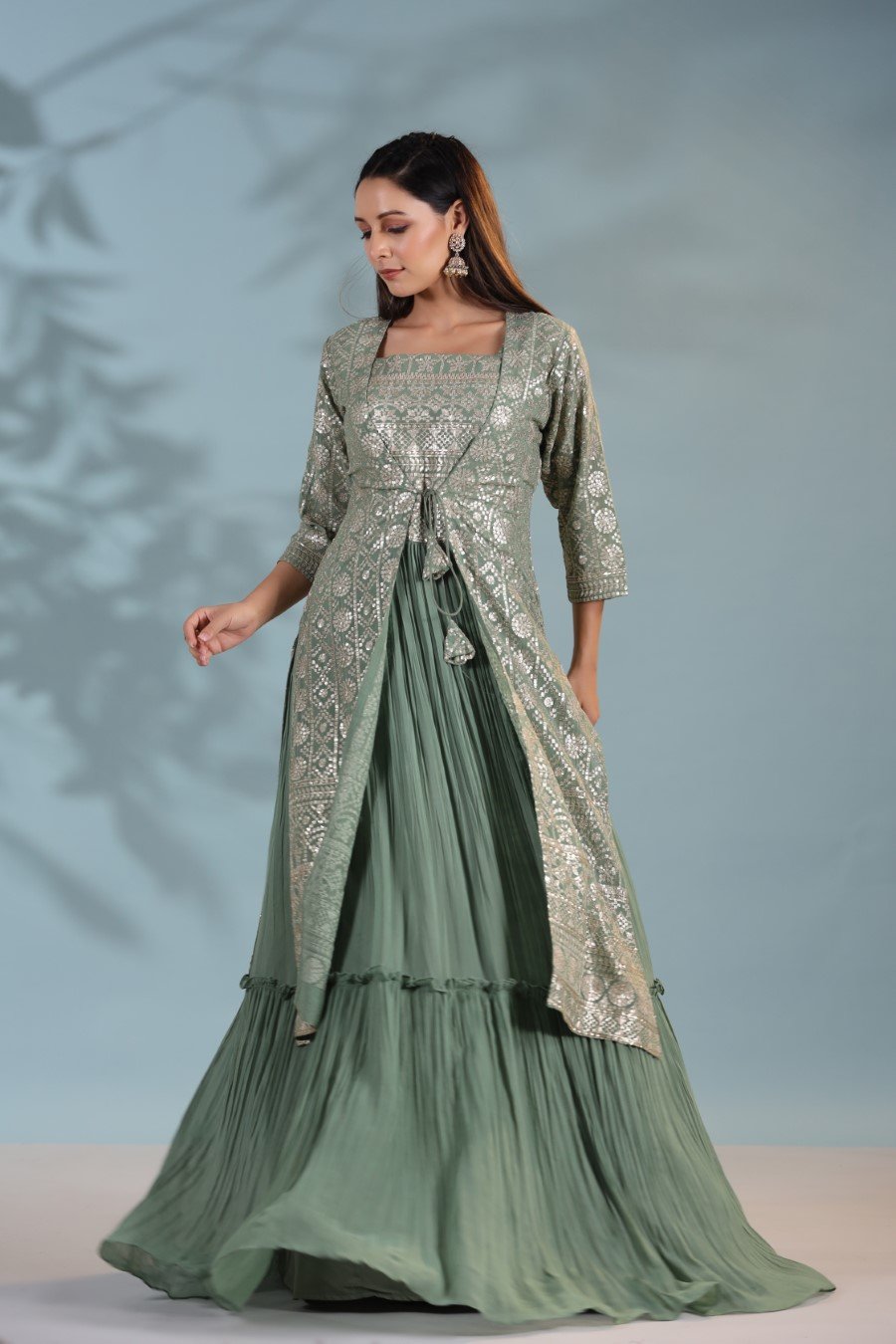 Dusky Green Sequin Embellished Gown with Cape
