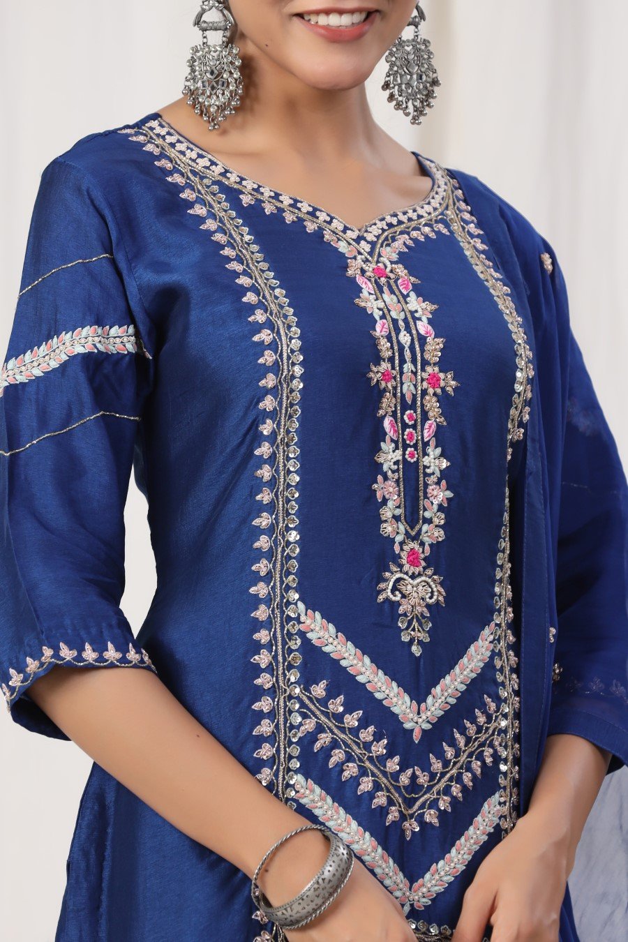 Royal Blue Hand Embroidered Lotus Silk Sharara Set