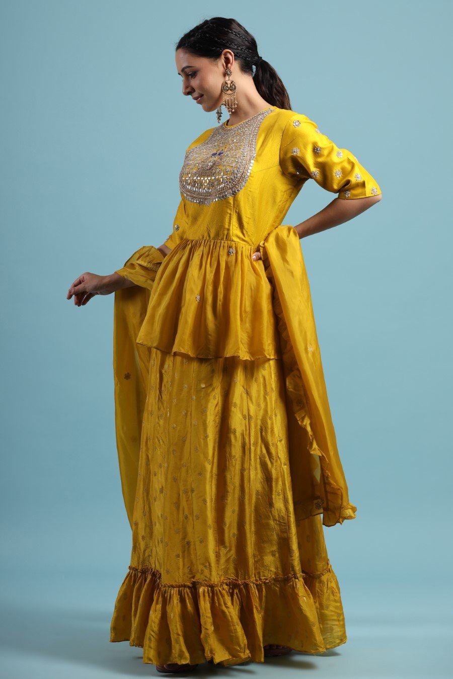 Persian Yellow Pure silk Peplum with Brocade Skirt &amp; Dupatta