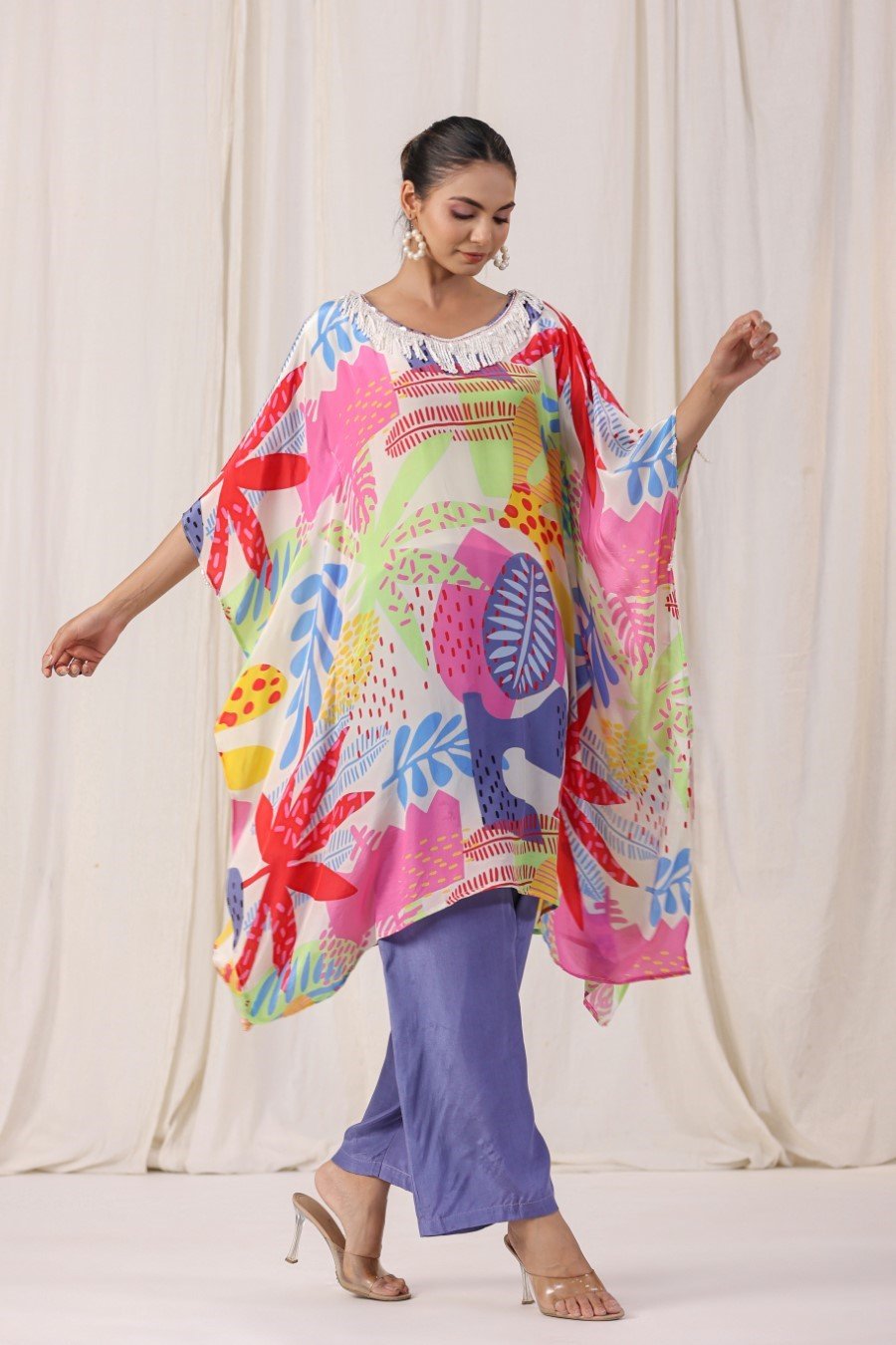 Colourful Printed Crepe Silk Kaftan with Pants