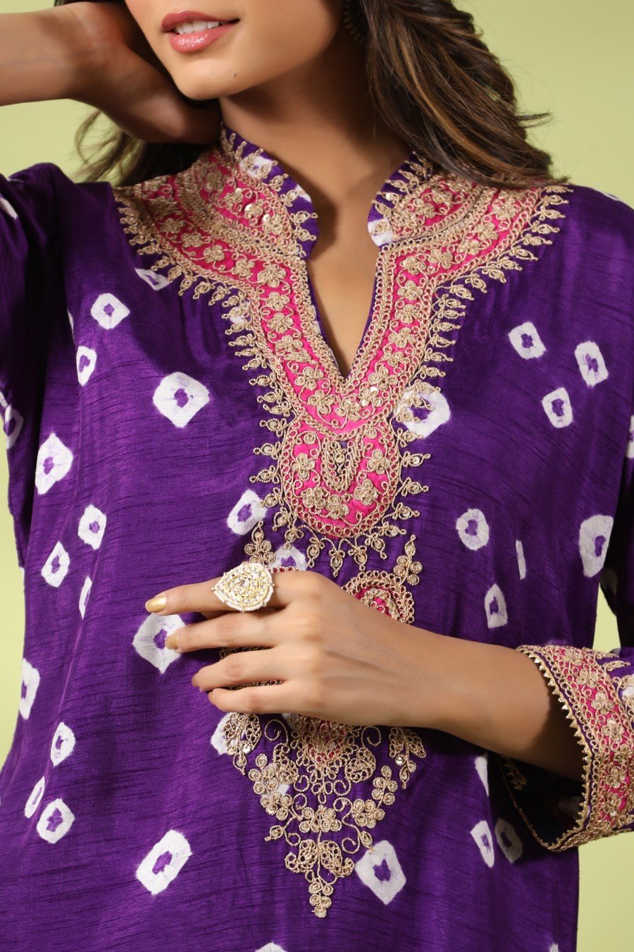 Purple Bandhej &amp; Zari Embroidered Kurta with Palazzo