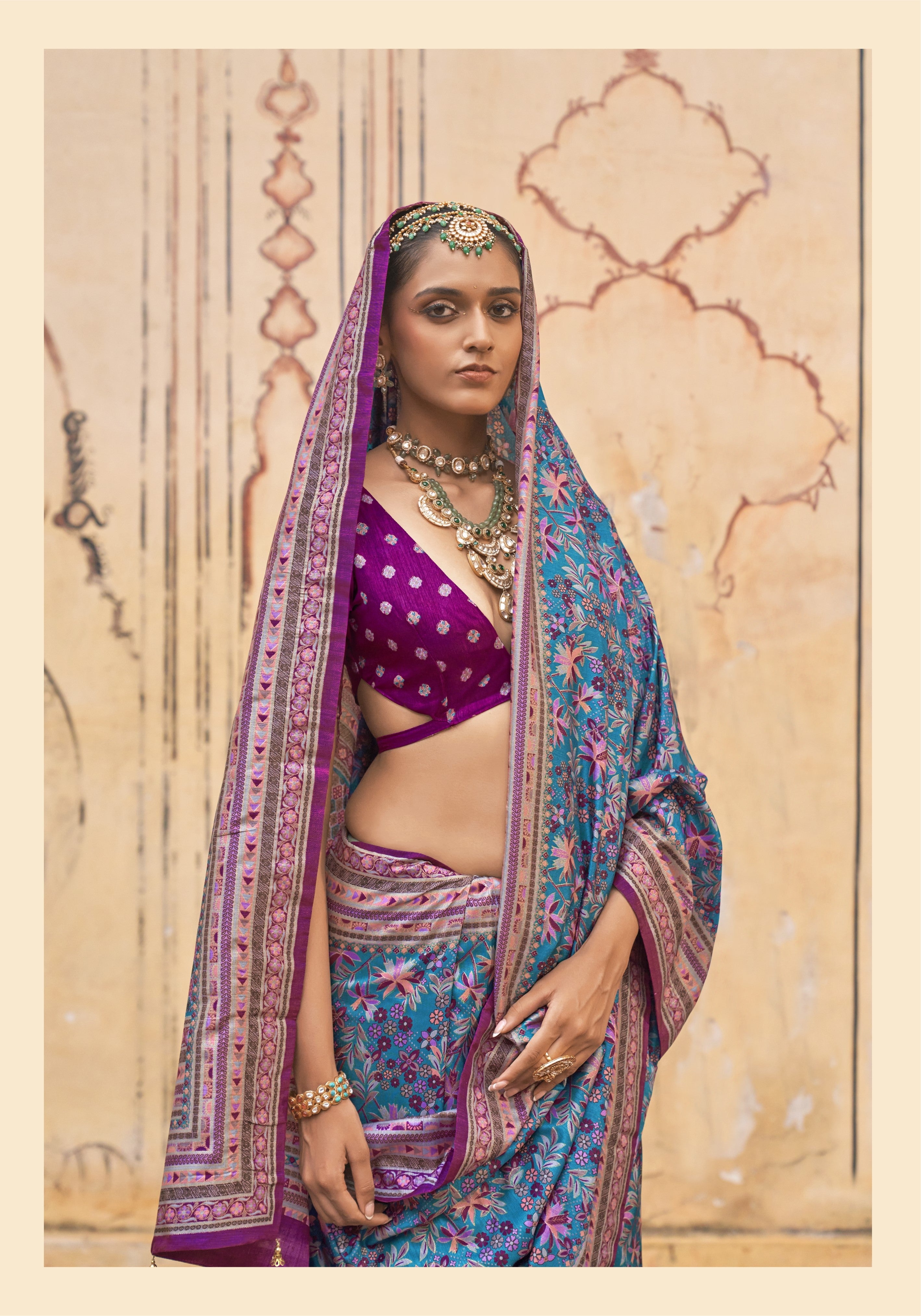Teal Purple Printed Premium Silk Saree