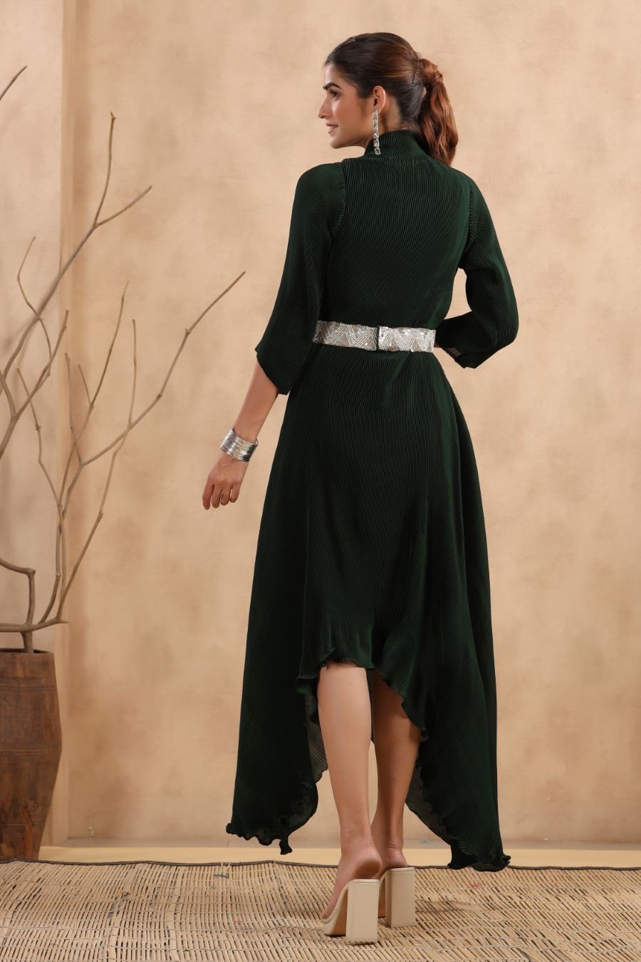 Emereld Green Pleated Asymmetrical Dress