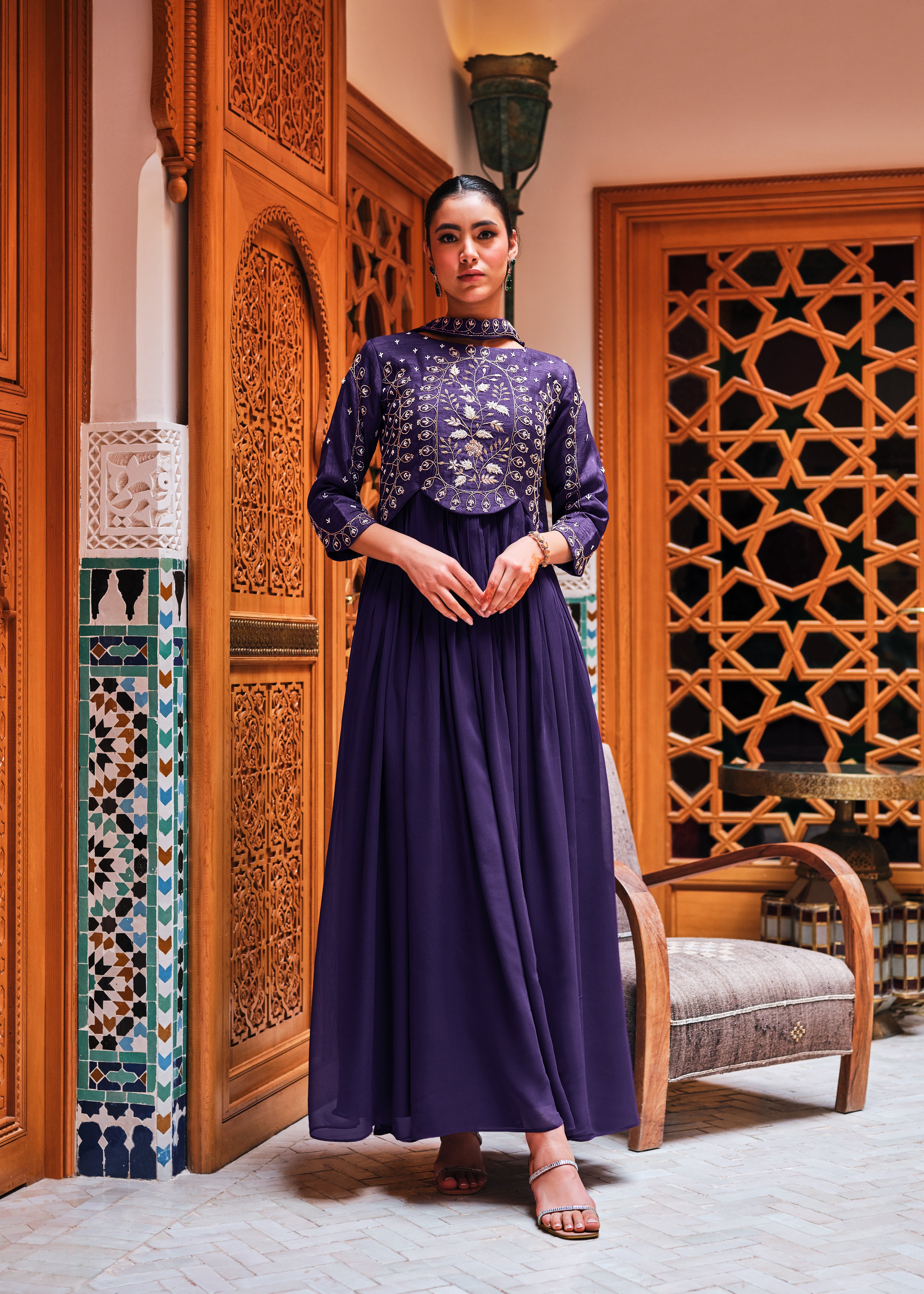Purple Embellished Swiss Georgette Silk Gown