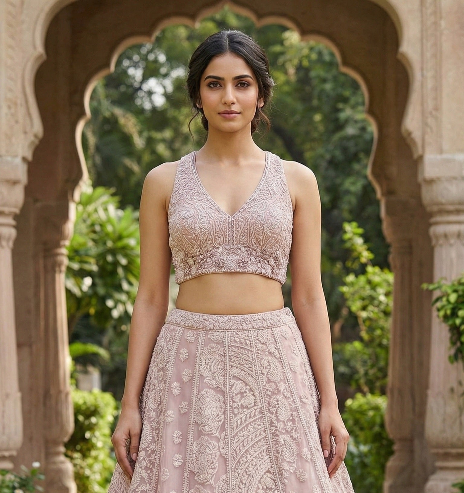 Blush Pink Embellished Georgette Silk Skirt Set
