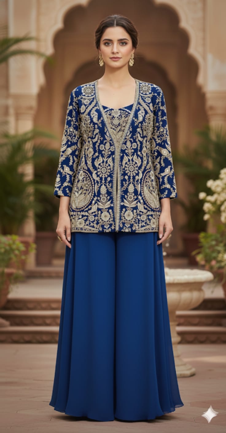 Royal Blue Embellished Georgette Silk Palazzo Set