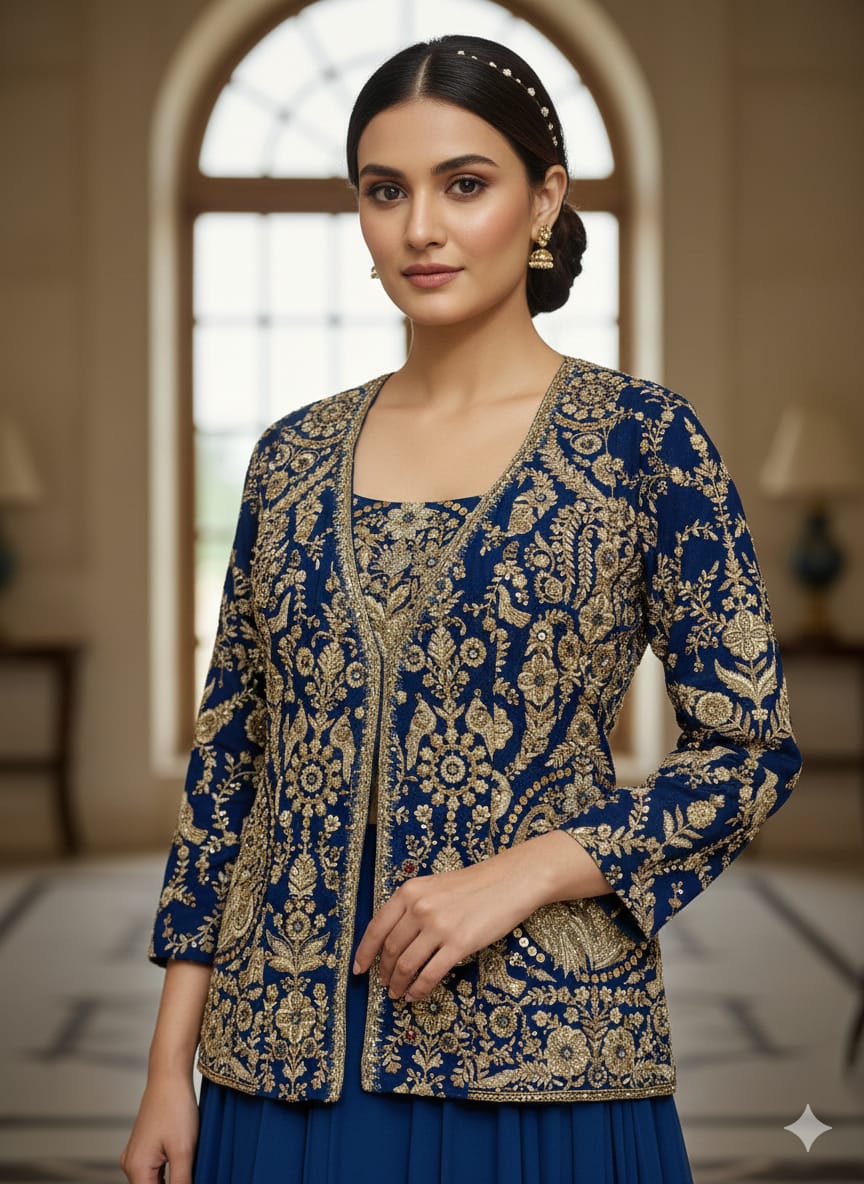 Royal Blue Embellished Georgette Silk Palazzo Set