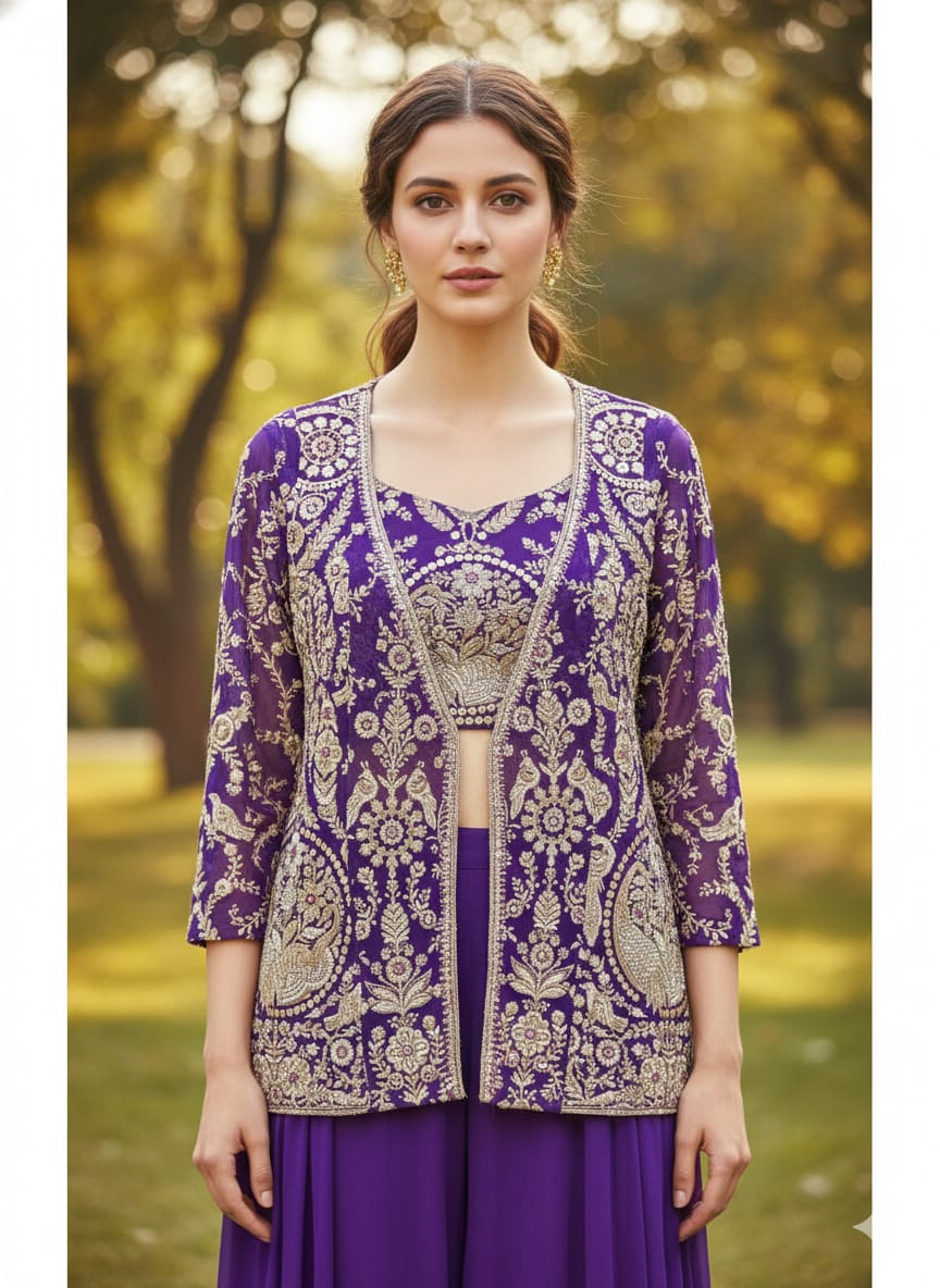 Midnight Purple Embellished Georgette Silk Palazzo Set