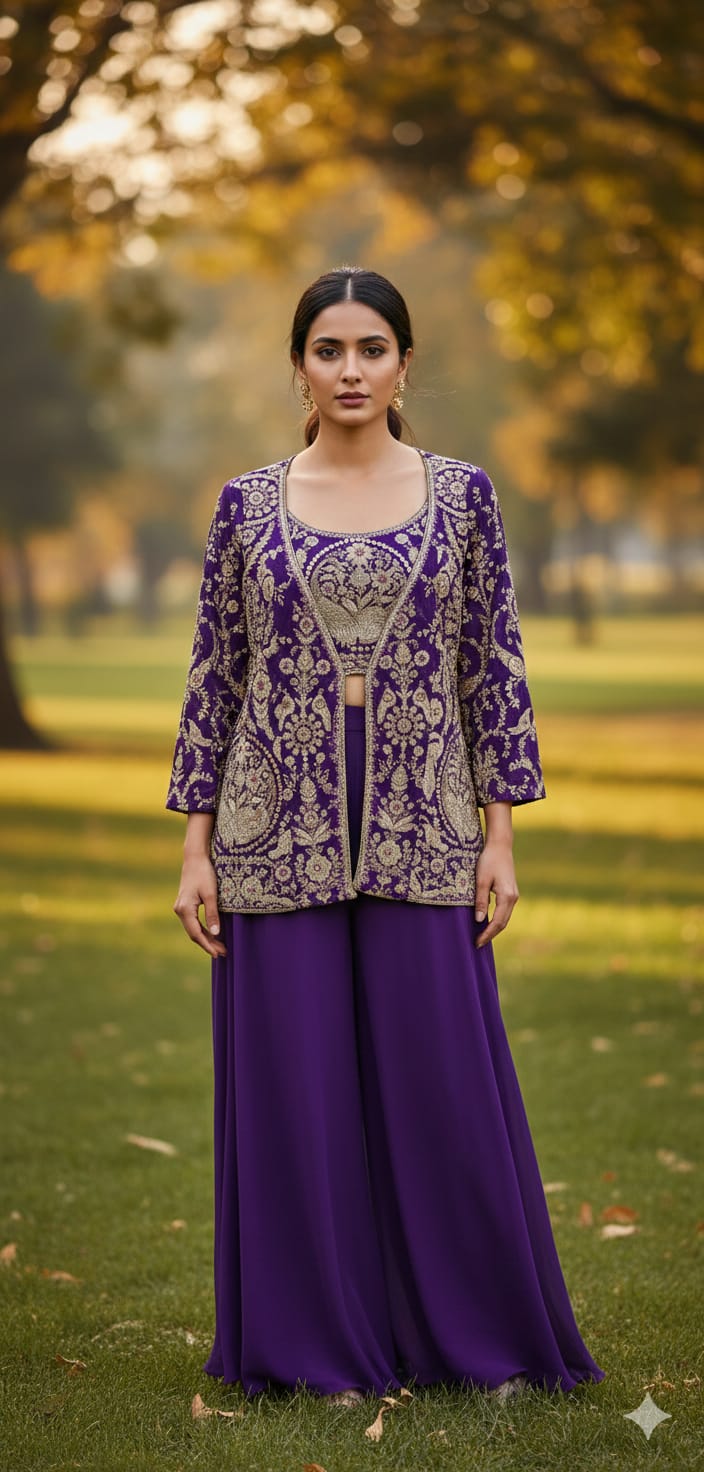 Midnight Purple Embellished Georgette Silk Palazzo Set